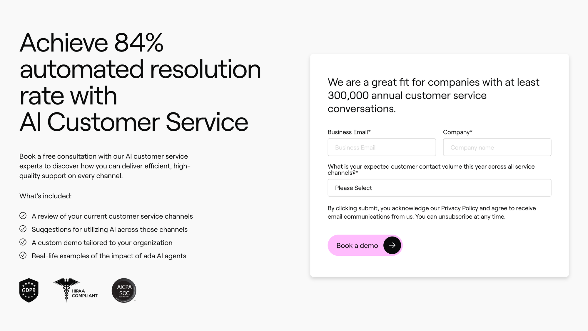 Ada doesn’t have a real pricing page, just a demo/contact form. No public pricing from Ada itself, so you have to contact sales for numbers.