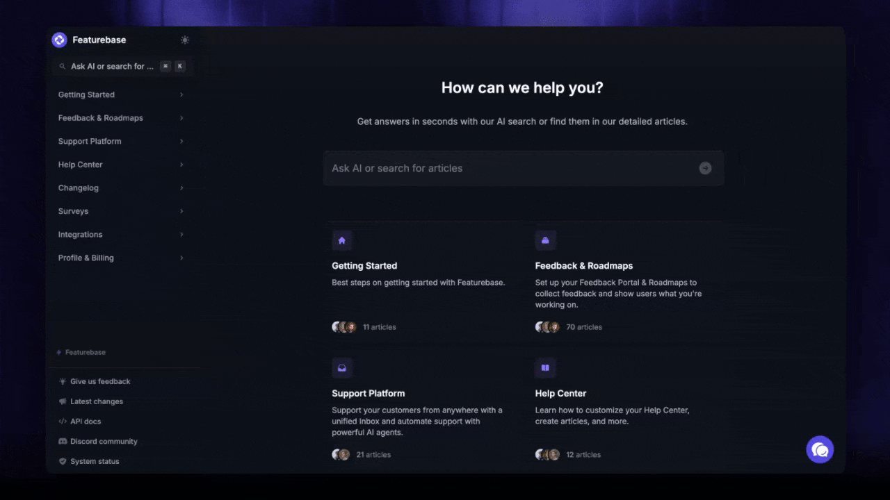 Featurebase's Help Center showing AI answers right in the search box.