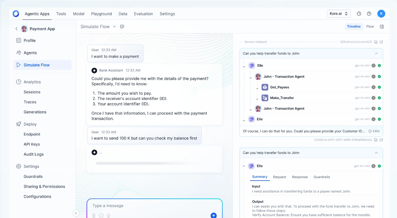 Kore AI agentic AI dashboard