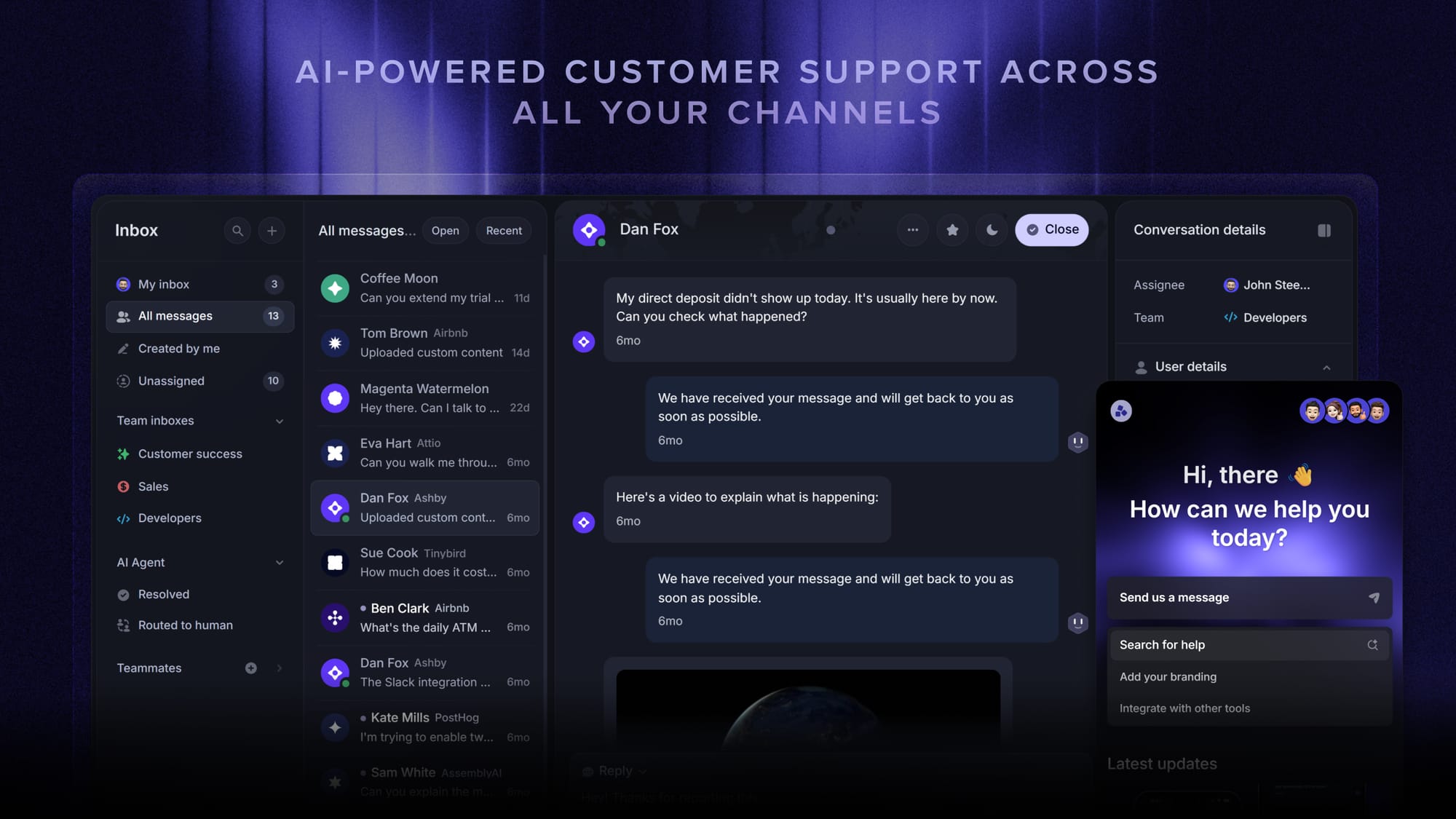Featurebase's support inbox and messenger.