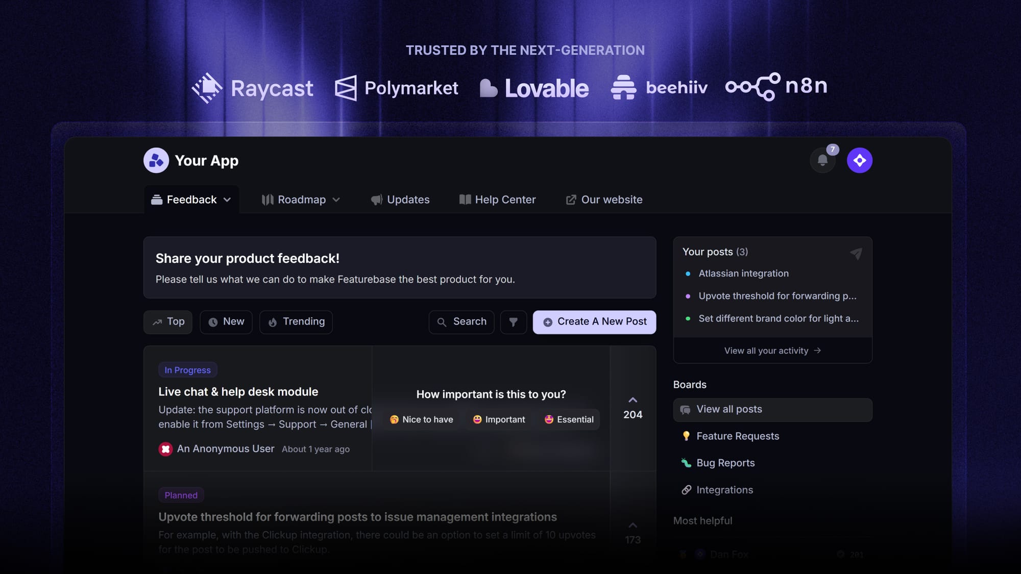 Featurebase's feedback forum with feature voting.