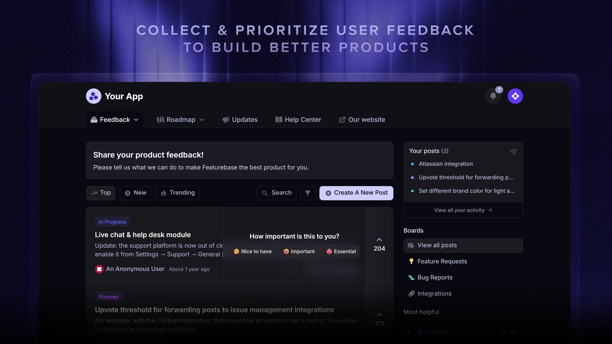 Featurebase's feature voting board for feature requests.