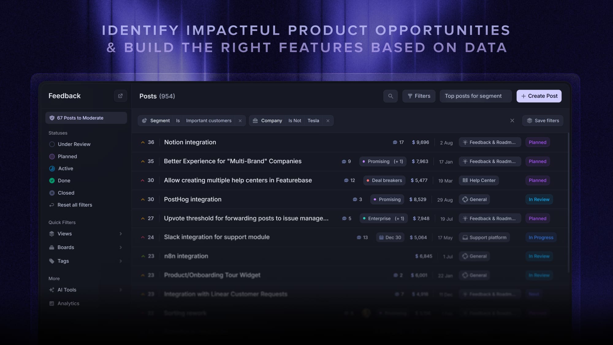 Prioritizing feedback in Featurebase's dashboard.