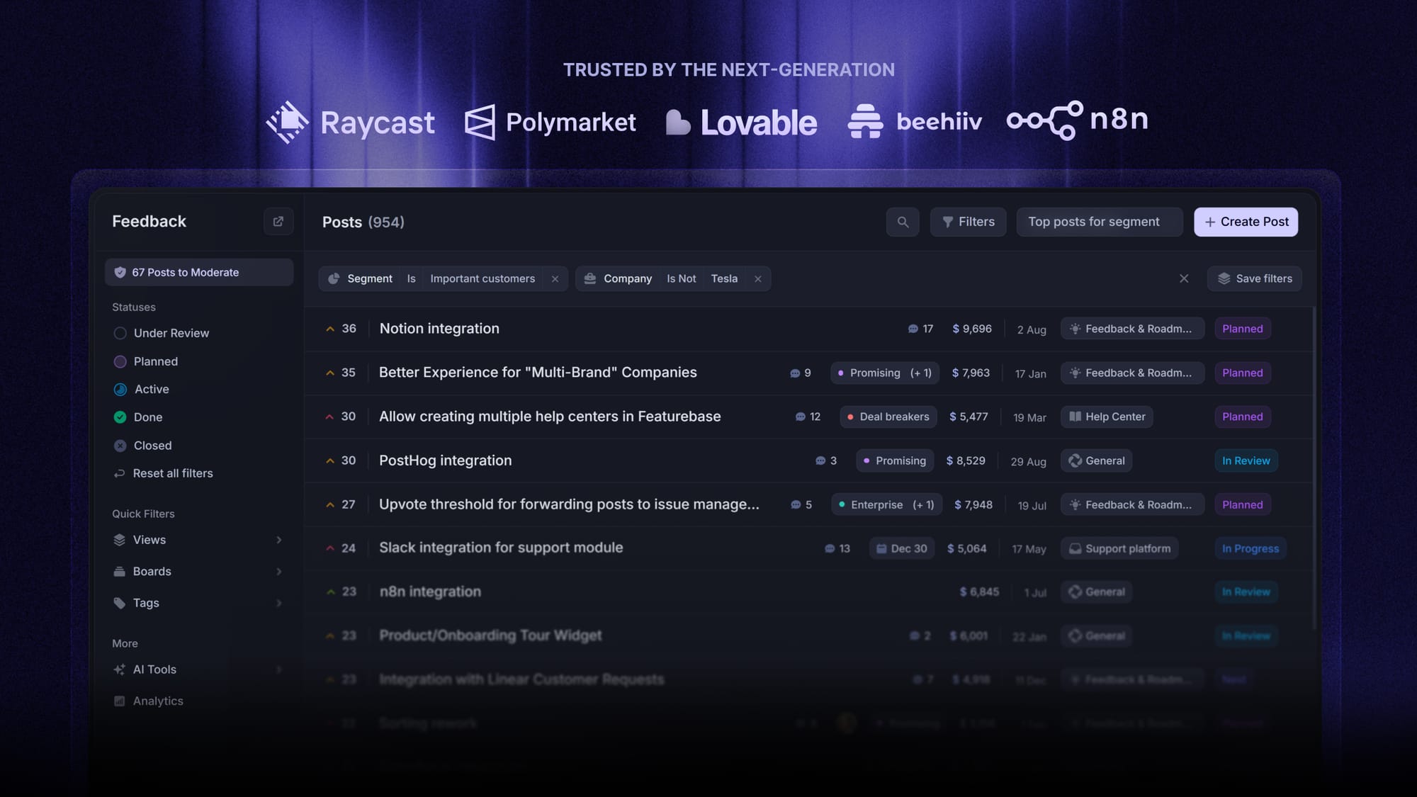 Featurebase's feedback management dashboard allowing you to make better product decisions.