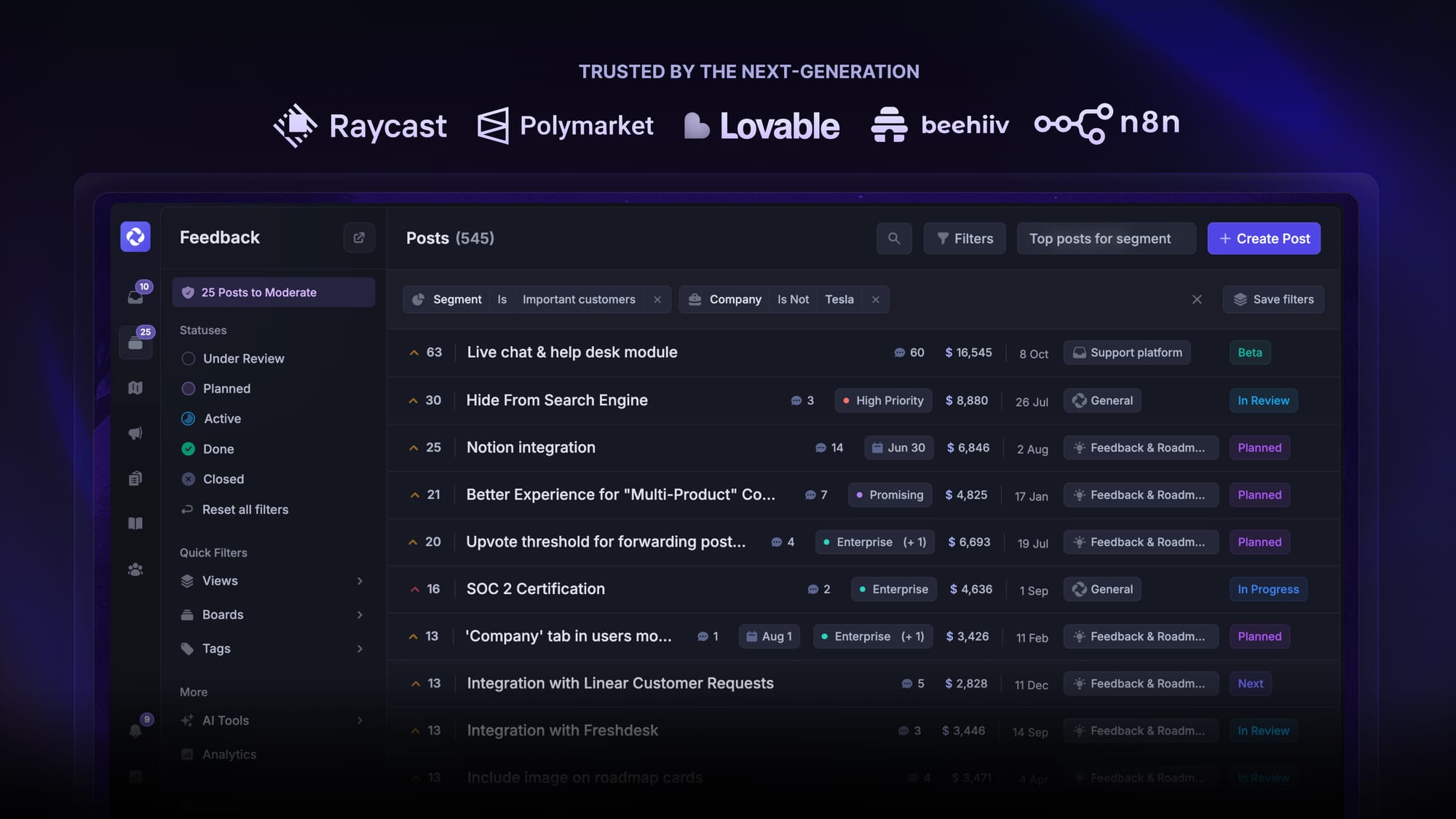 Featurebase's feedback management dashboard allowing you to make better product decisions.