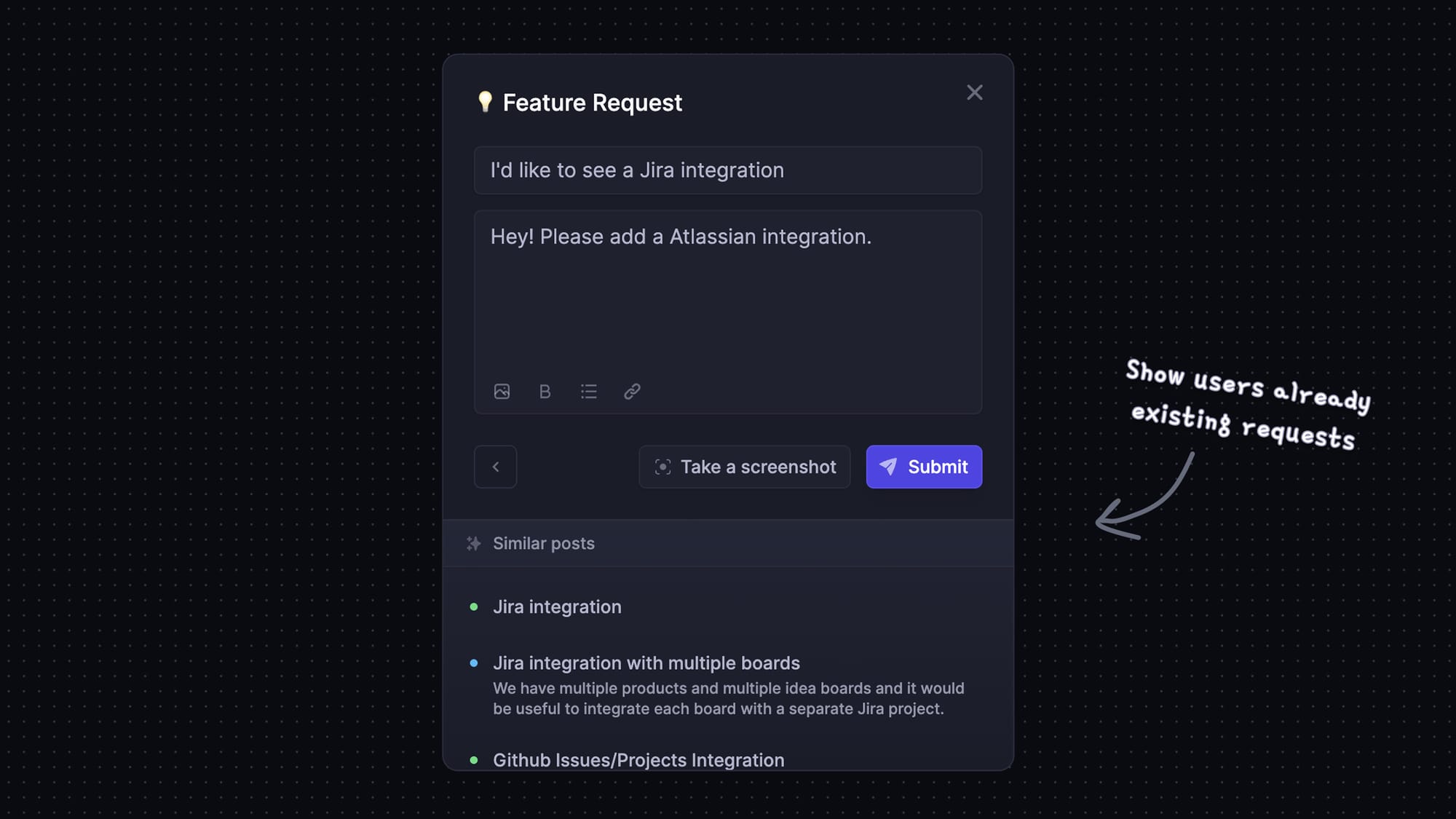 Feature request form in Featurebase in showing existing requests to reduce duplicates.