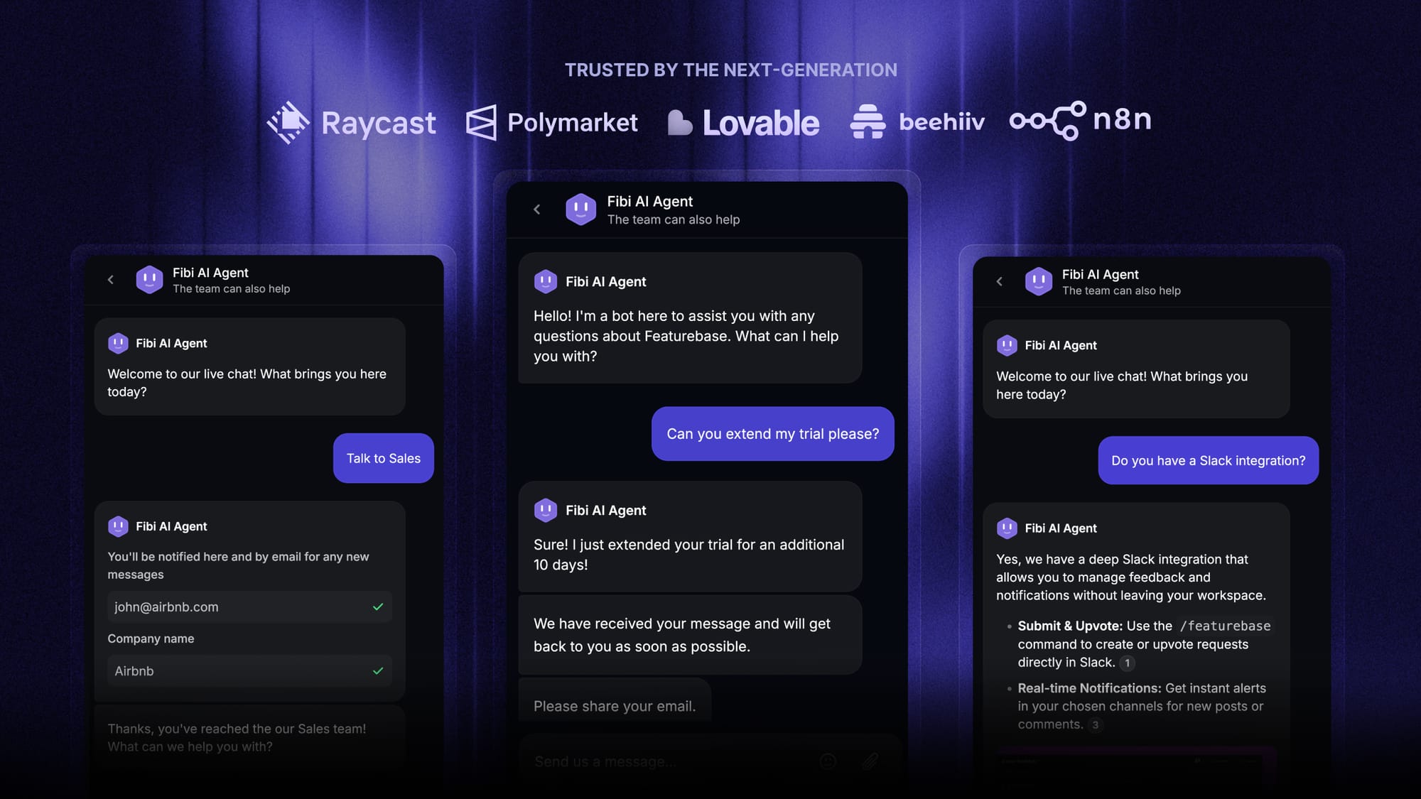 Featurebase's Fibi AI customer support agent, automating more than 70% tickets.
