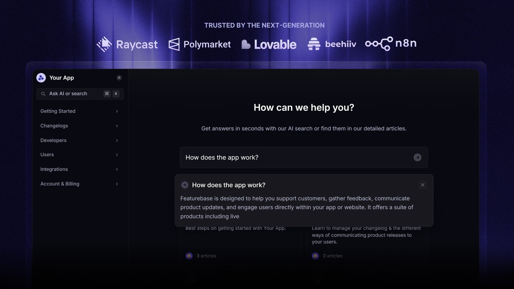 Featurebase's Help Center with AI-powered search summaries.