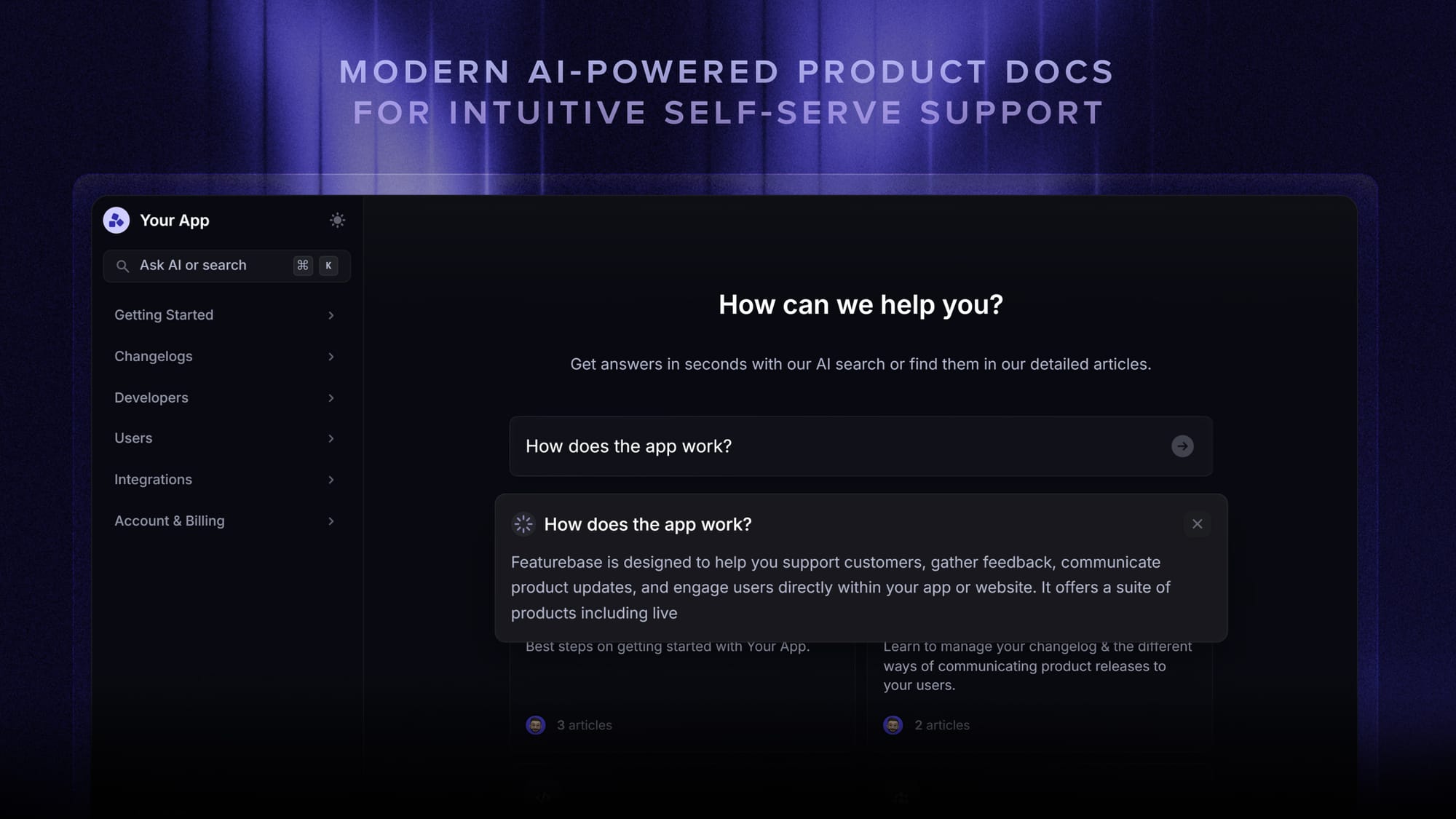 Featurebase's AI-powered Help Center for self-serve support.