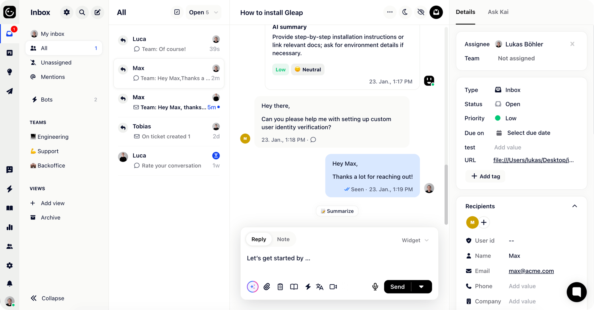 Gleap customer support inbox.