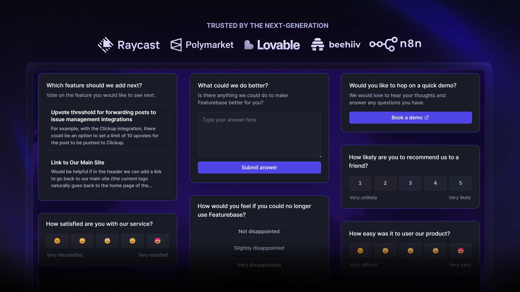 Featurebase enables you to run in-app surveys, inclunding NPS, CSAT, etc.