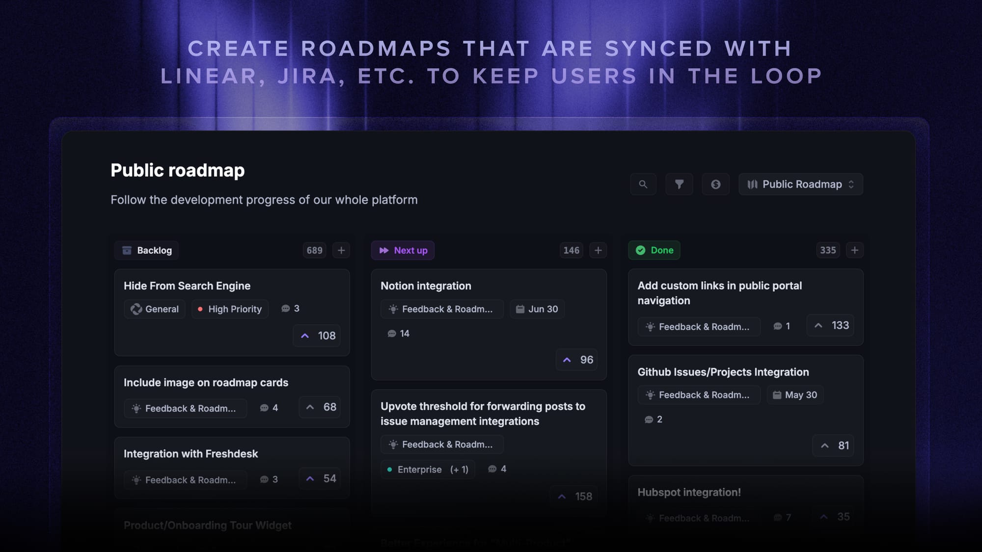 Featurebase's public roadmap with feature voting.
