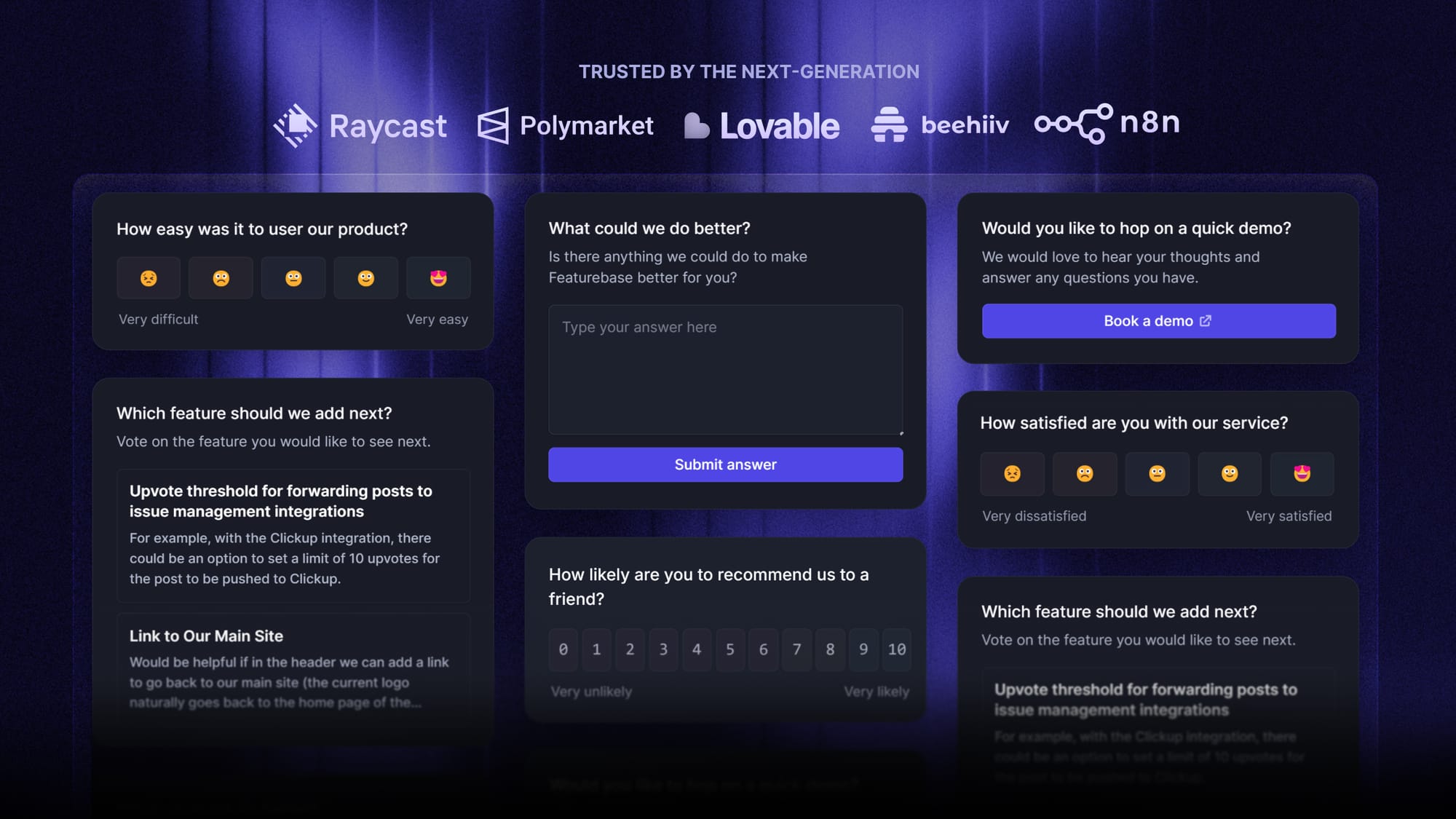 Featurebase enables you to run in-app surveys, inclunding NPS, CSAT, etc.