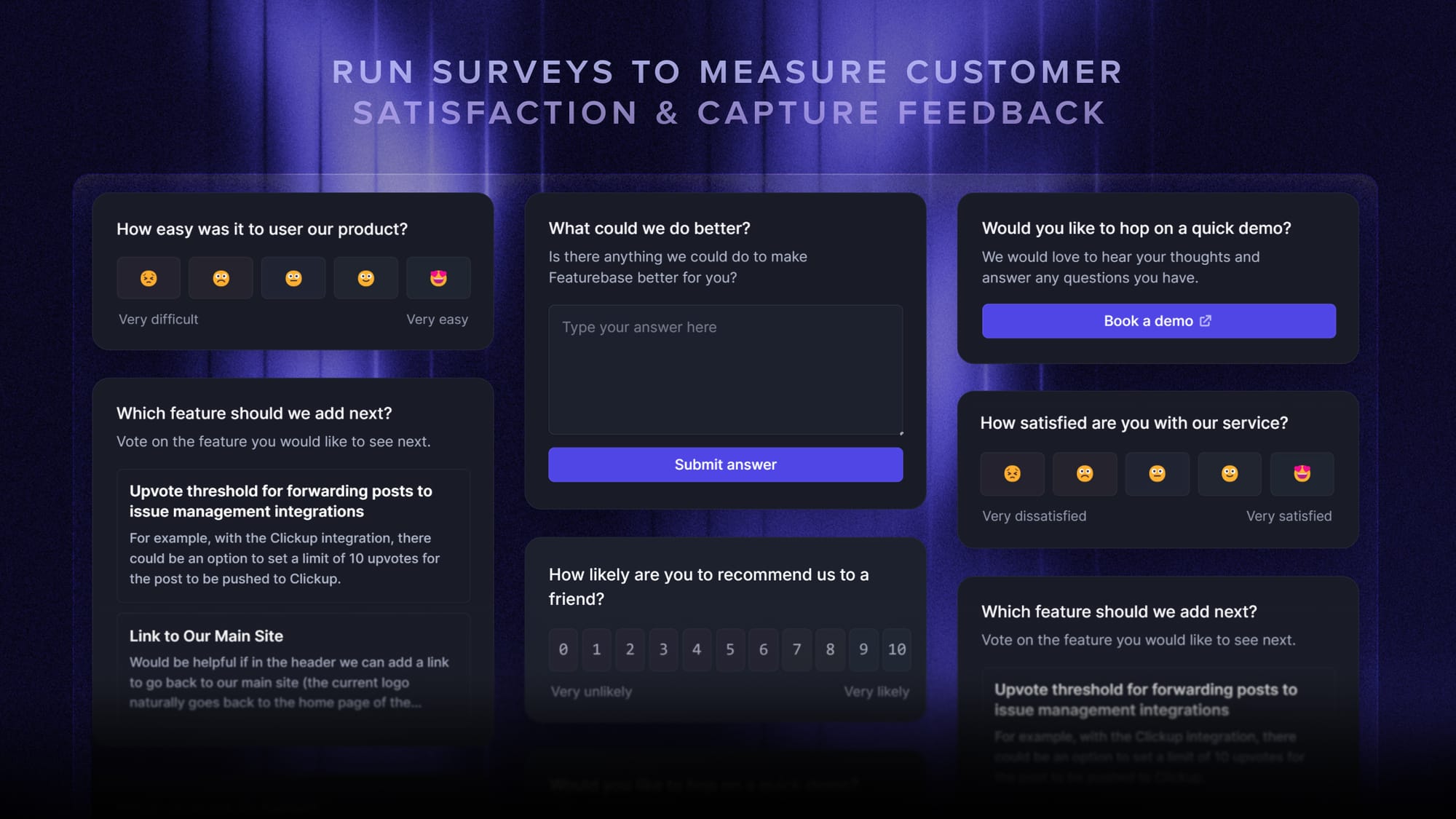 Featurebase enables you to run in-app surveys, inclunding NPS, CSAT, etc.