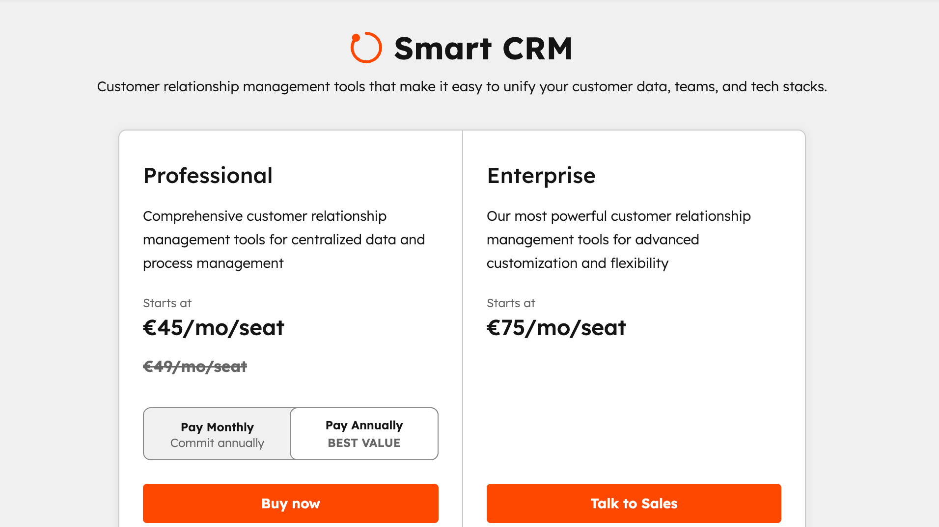 Smart CRM pricing plans hubspot.