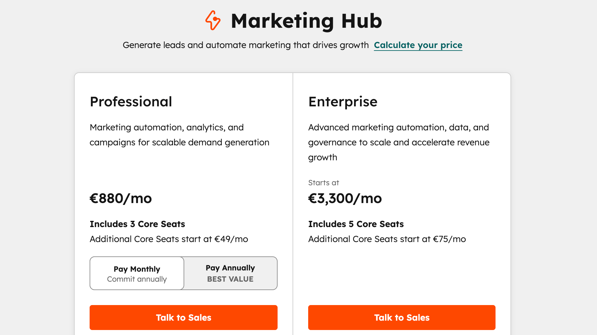 HubSpot marketing hub pricing plans.