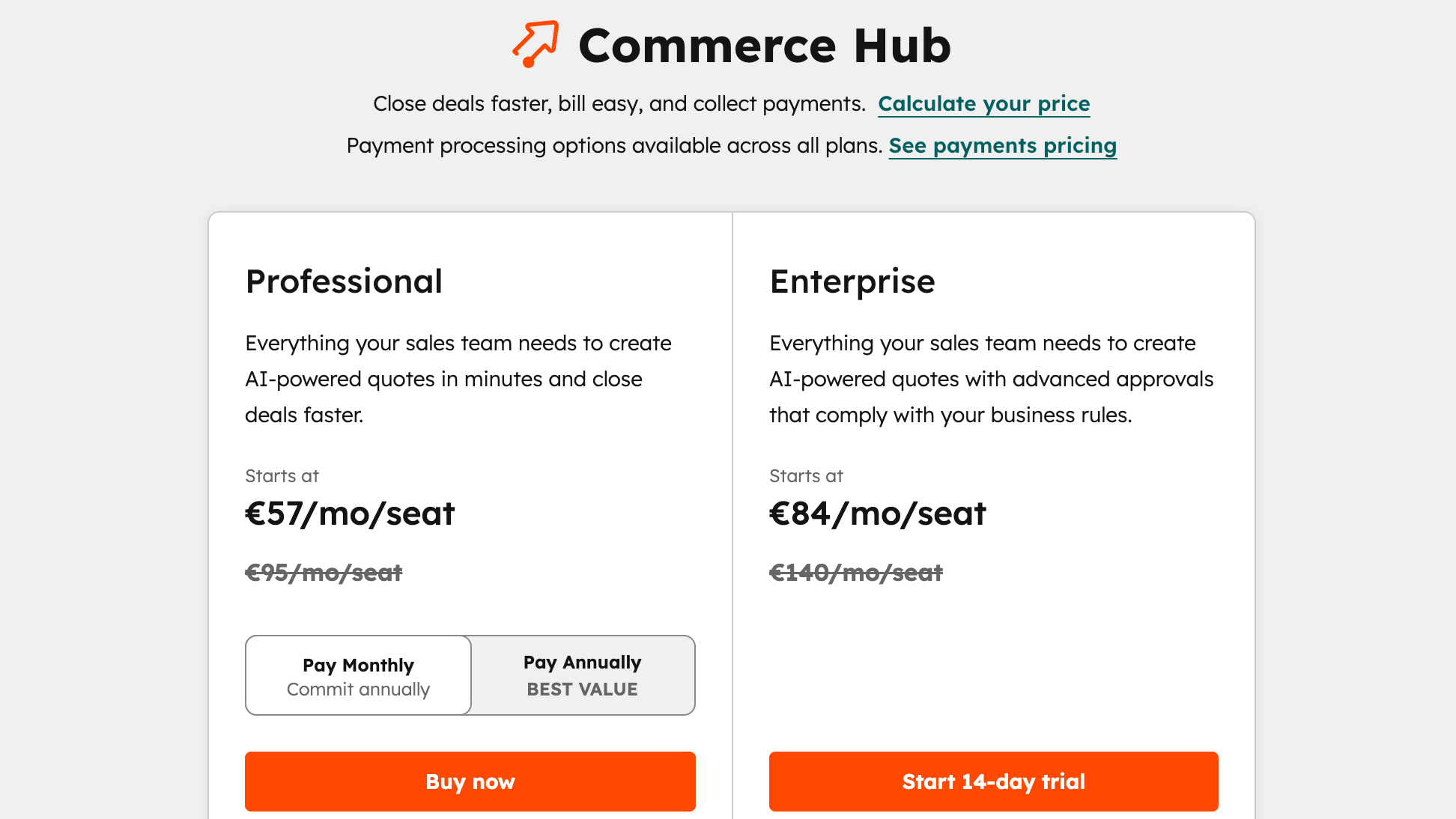 HubSpot commerce hub pricing plans.