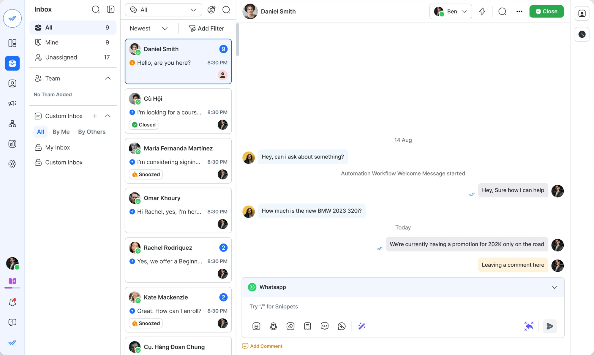 Respond.io support inbox.