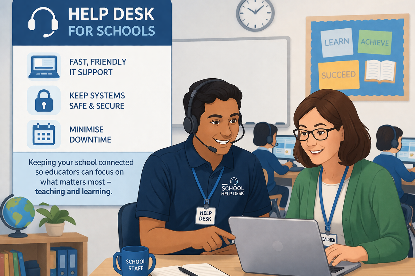llustration of a school help desk specialist wearing a headset and assisting a teacher with a laptop in a classroom, beside a “Help Desk for Schools” banner highlighting fast IT support, security, and reduced downtime while students work at computers in the background.