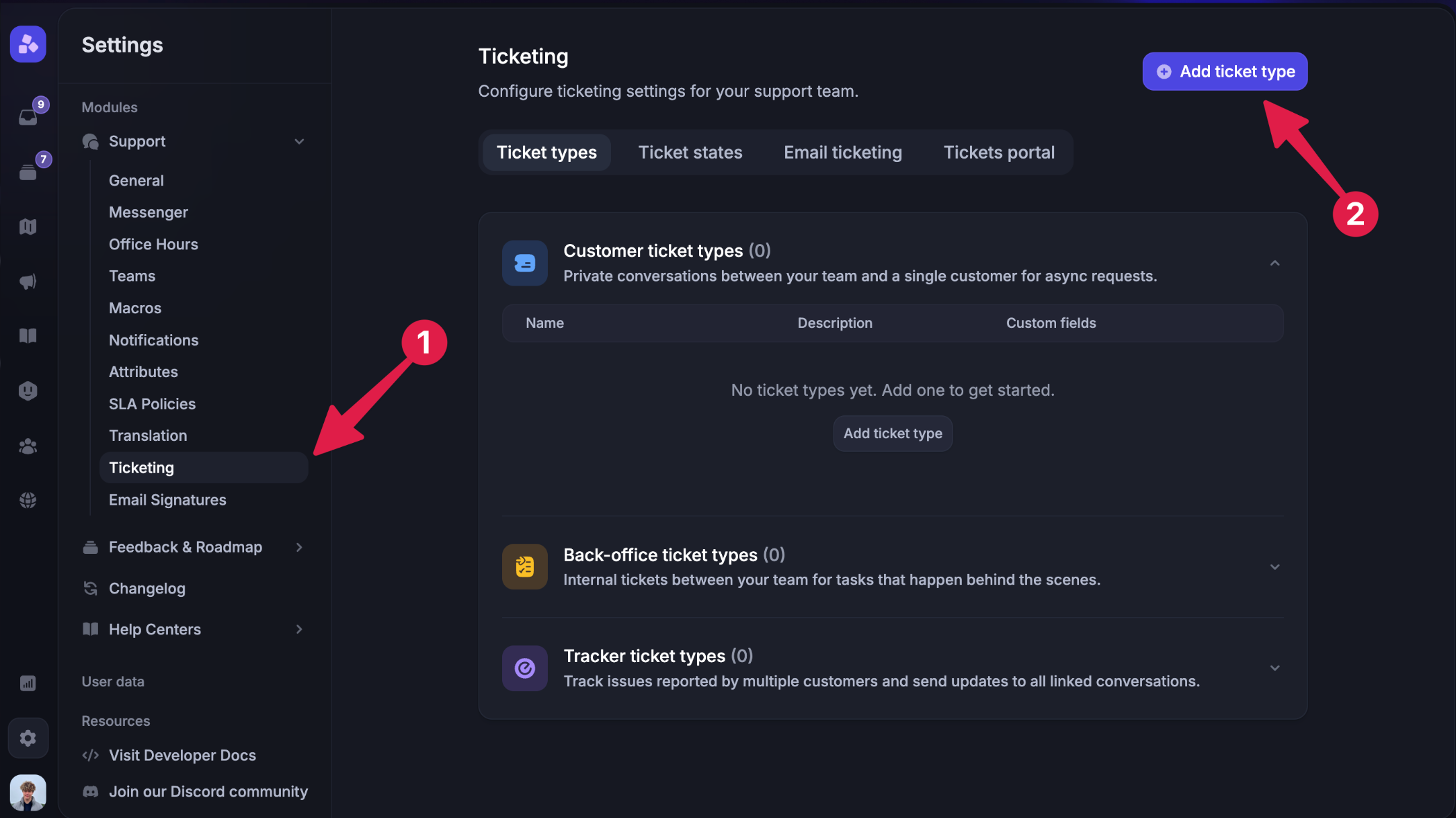 Featurebase ticketing settings