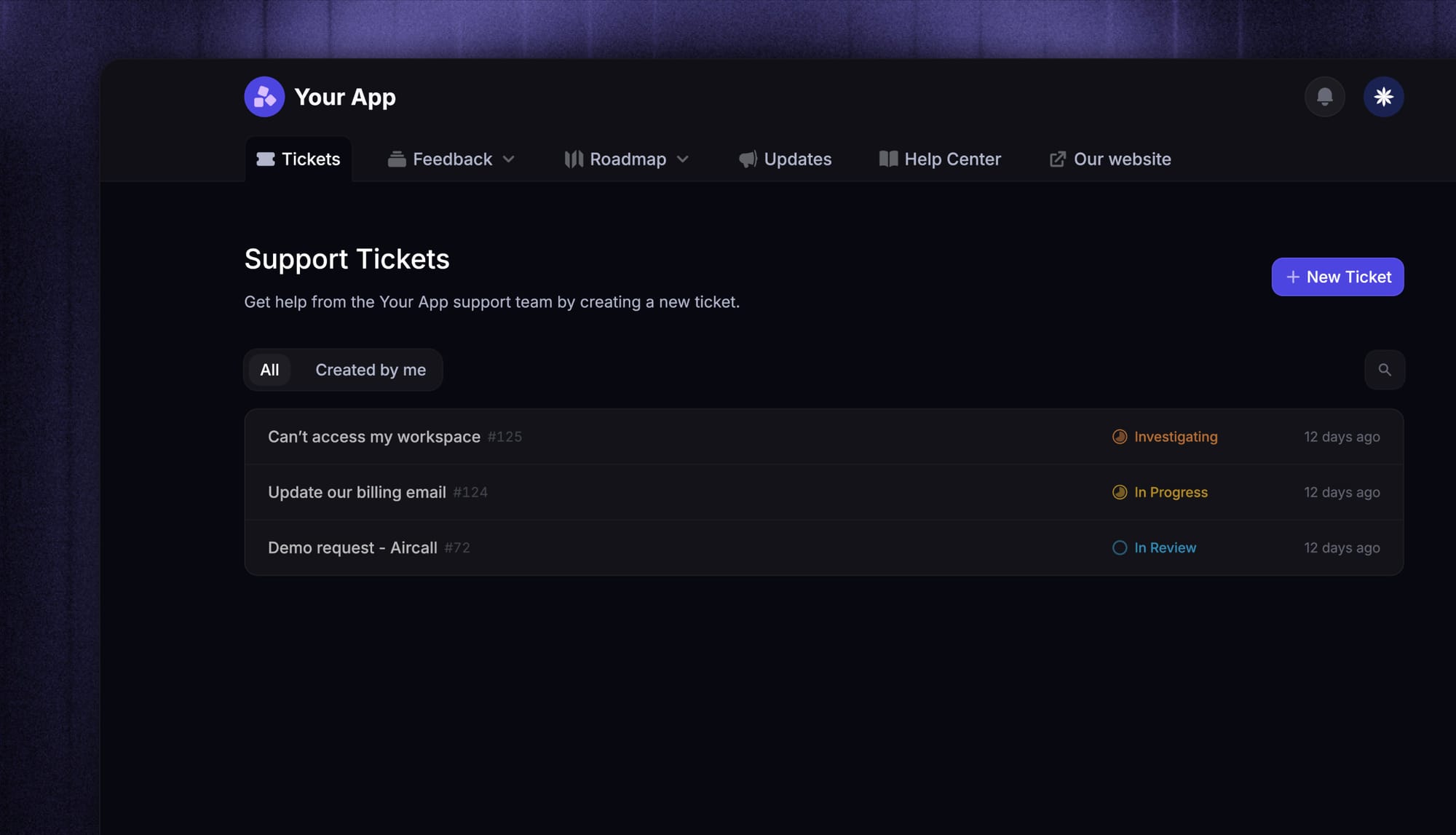 Featurebase's public Tickets Portal where customers can submit new tickets, view existing ones, and track progress.