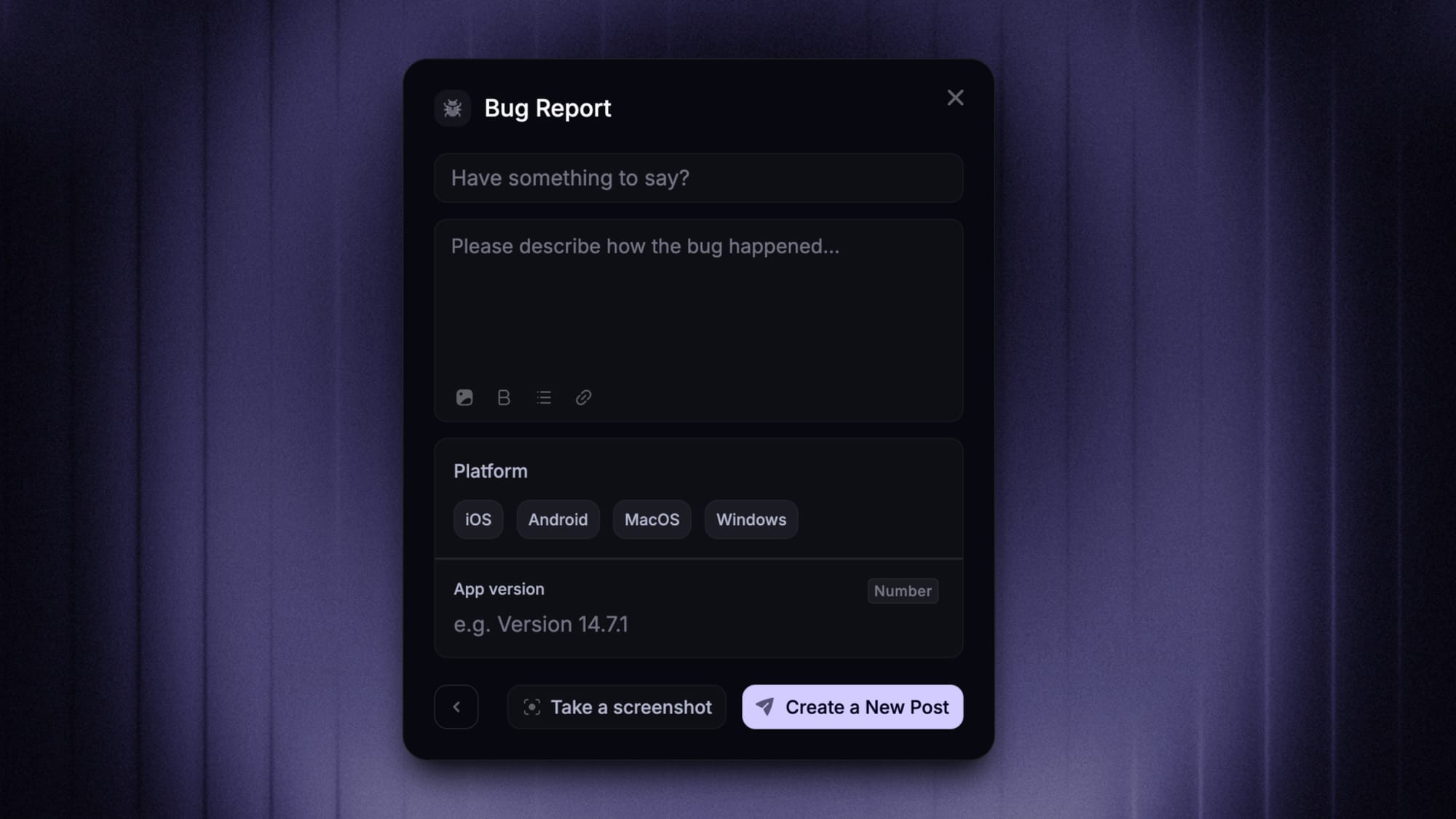 Featurebase's in-app bug reporting widget.