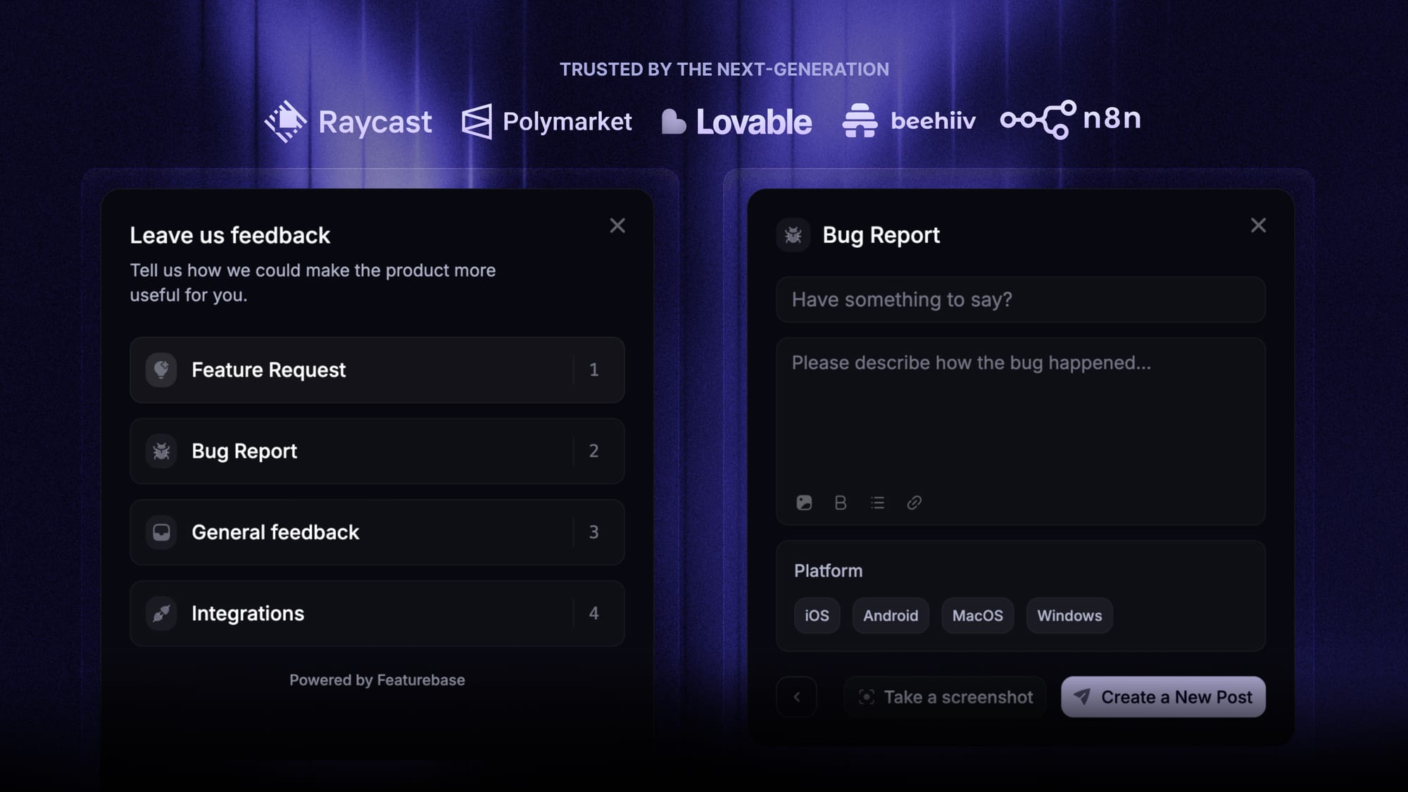Featurebase's in-app feedback widget for collecting bug reports and feature requests.