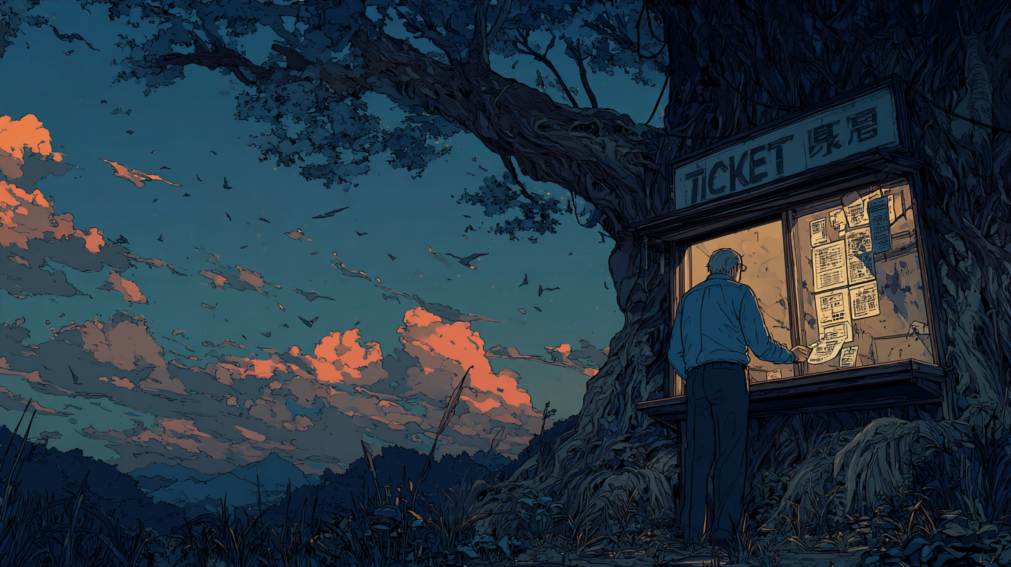 CRM ticketing system concept illustration showing a person reviewing tickets at an illuminated help desk kiosk under a large tree at dusk.