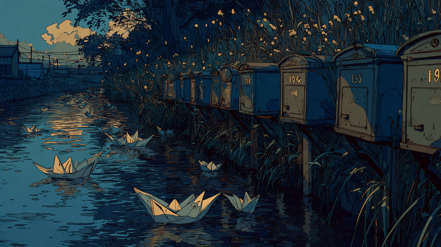 Stylized illustration of multiple roadside mailboxes along a waterlogged lane with origami boats, representing an email ticketing system.