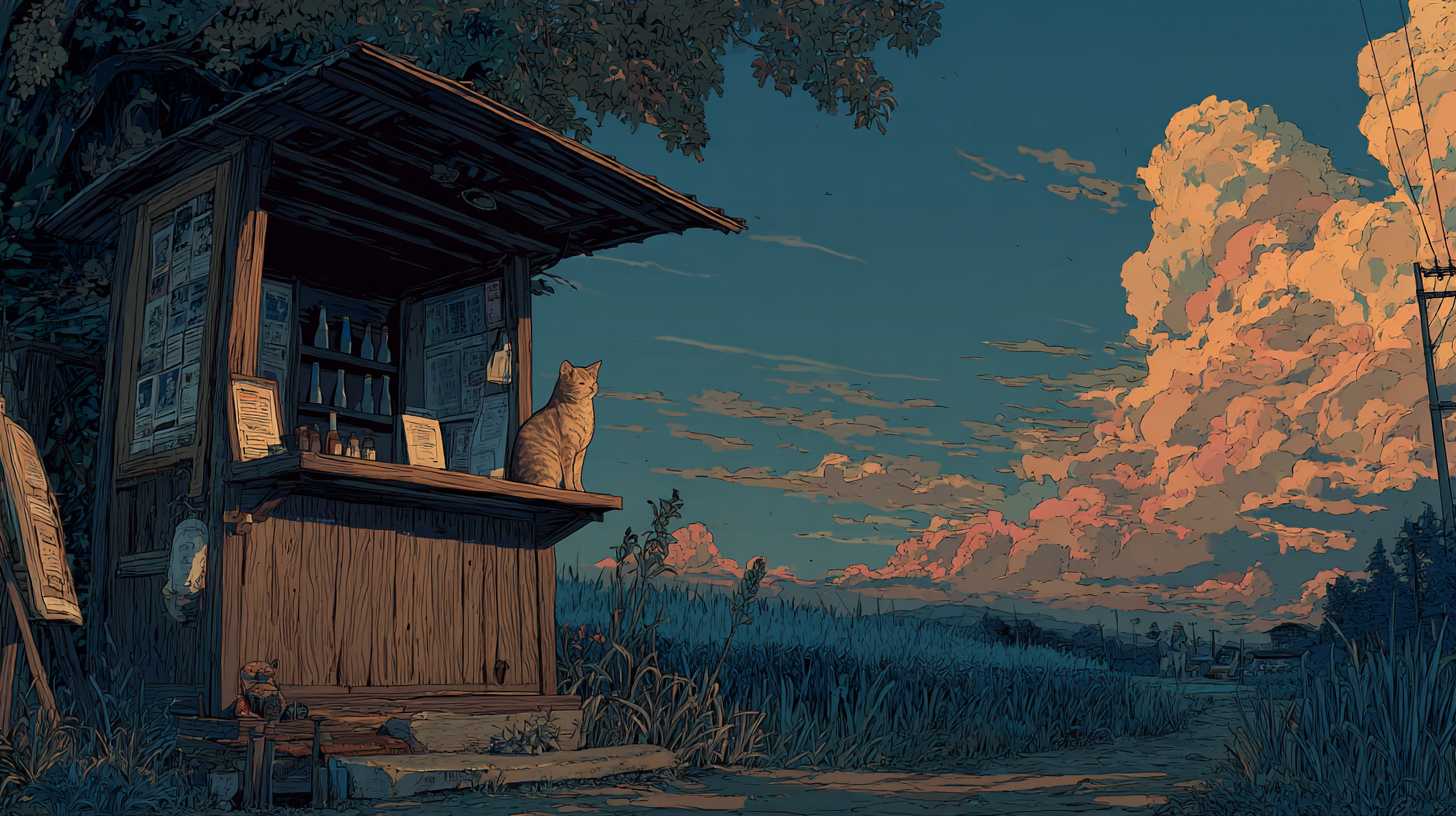 Illustrated countryside kiosk at sunset with a cat at the counter, used as decorative artwork in a blog about help desk software.