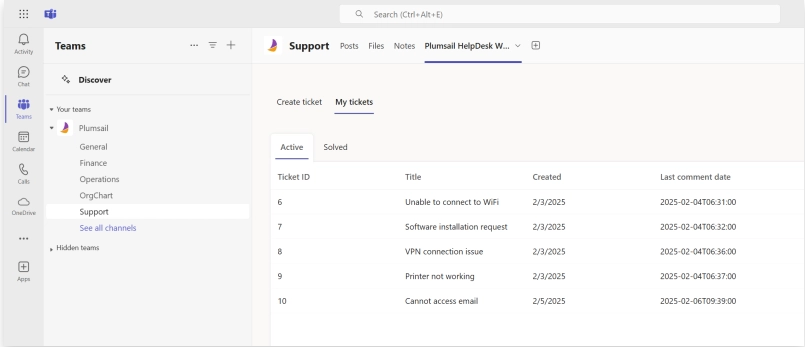 Microsoft Team's ticketing system