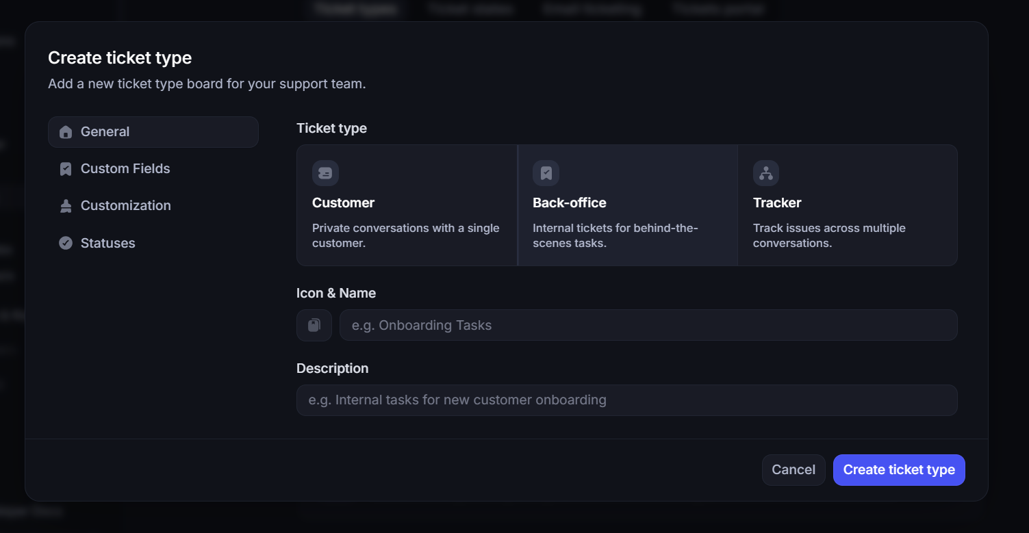 Featurebase dark-mode “Create ticket type” screen showing a setup flow for support teams, with sidebar steps, ticket type choices for Customer, Back-office, and Tracker, plus fields for icon and name, description, and buttons to cancel or create the ticket type.