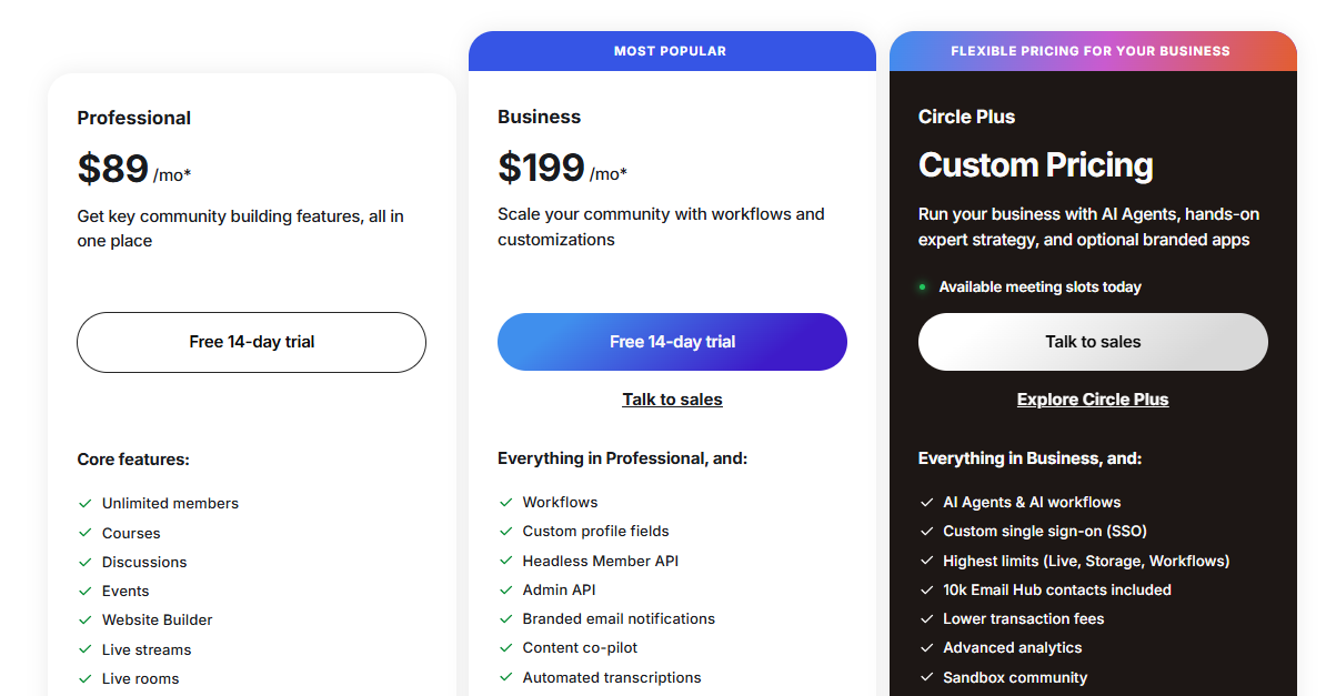 Circle.so's pricing page