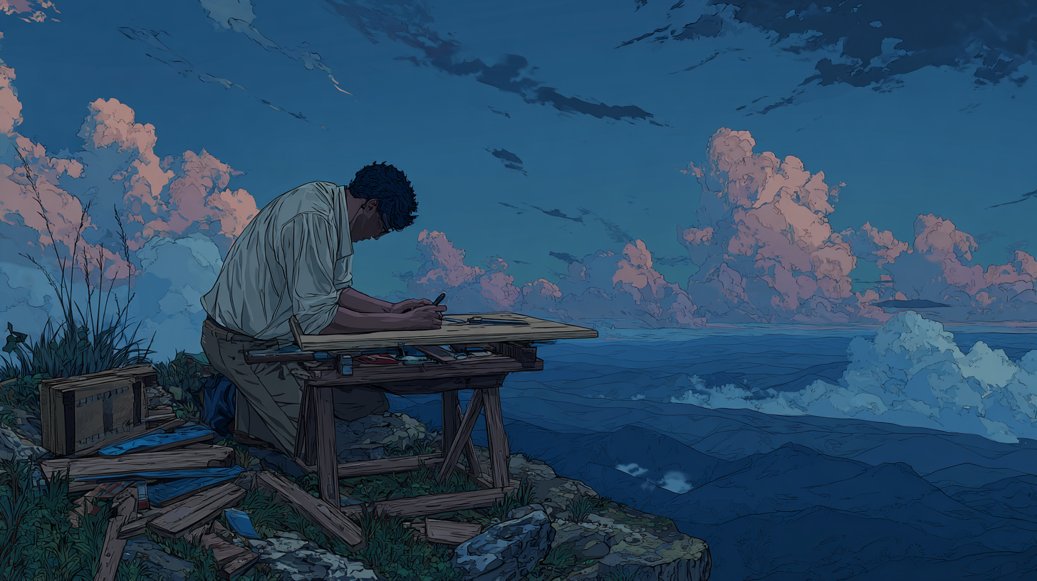 Person sketching at a wooden desk on a rocky seaside cliff under a dramatic blue sky with pink clouds and ocean waves below.