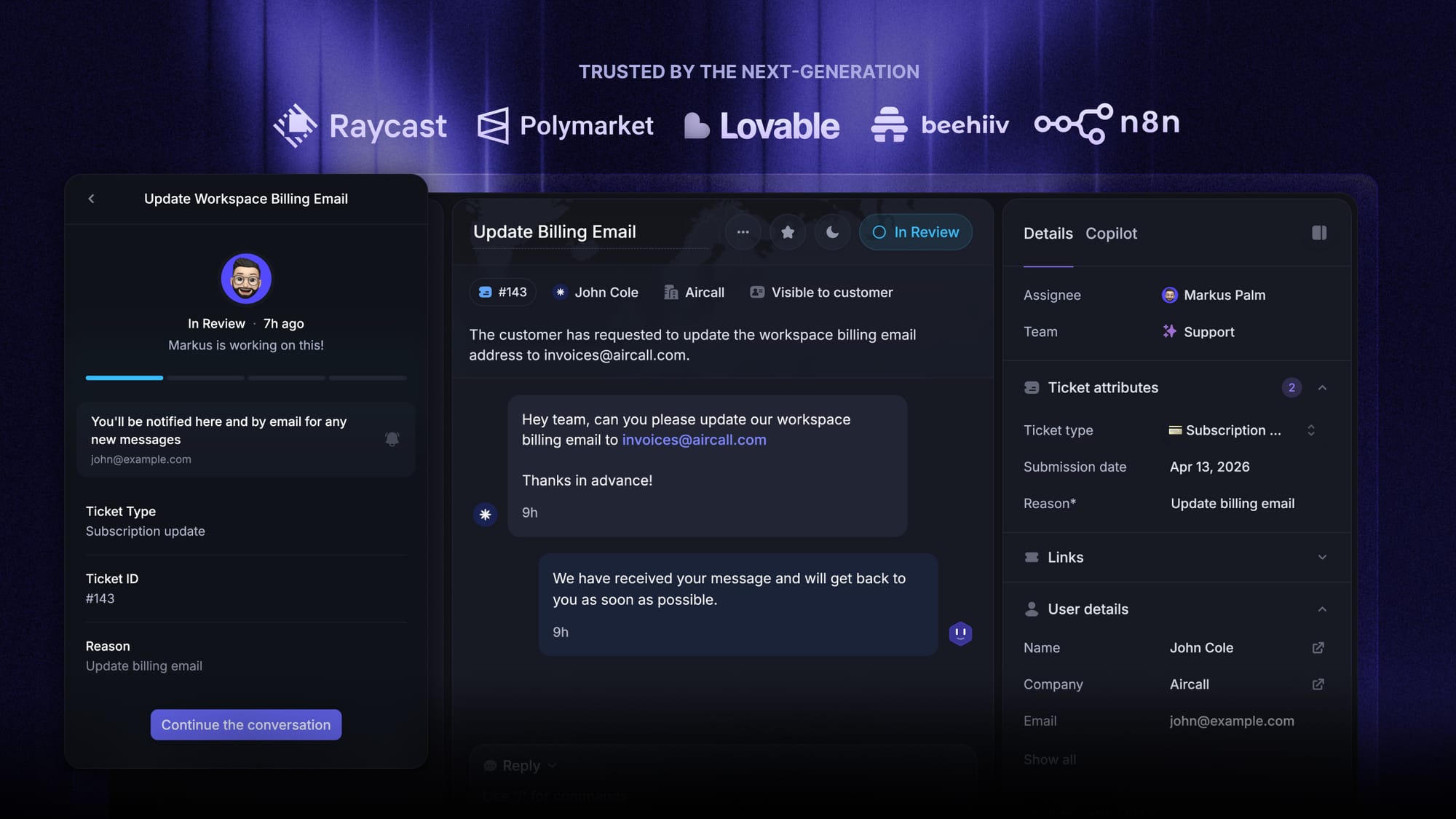 Tickets in Featurebase help you solve complex issues more efficiently and keep the conversation going.