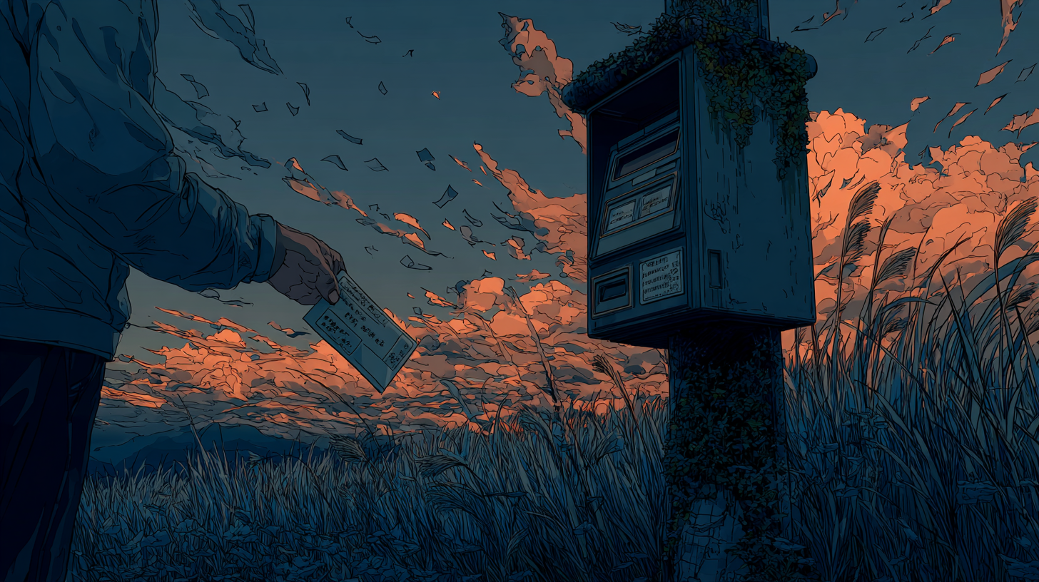 Illustrated scene of a person reaching toward a weathered ticketing system box in a grassy field under dramatic evening clouds.