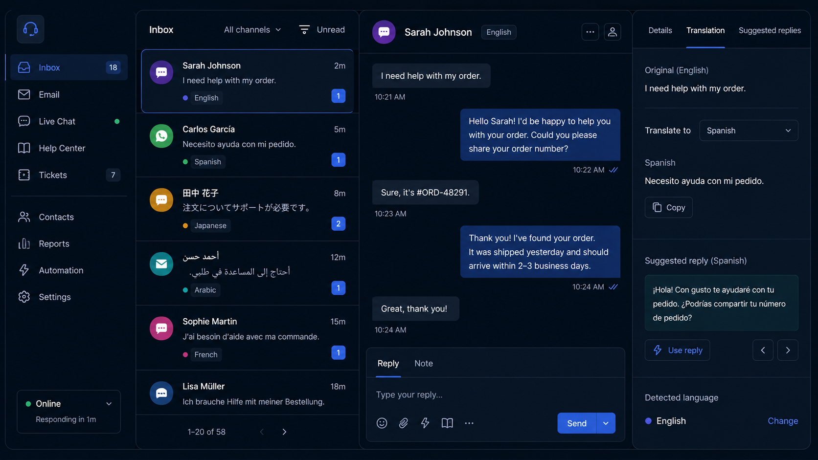 Dark-mode customer support dashboard with multilingual conversations, language labels, a central chat thread, and a translation panel showing suggested replies.
