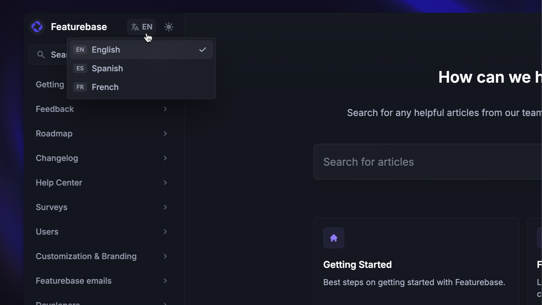 Featurebase Help Center with language options.