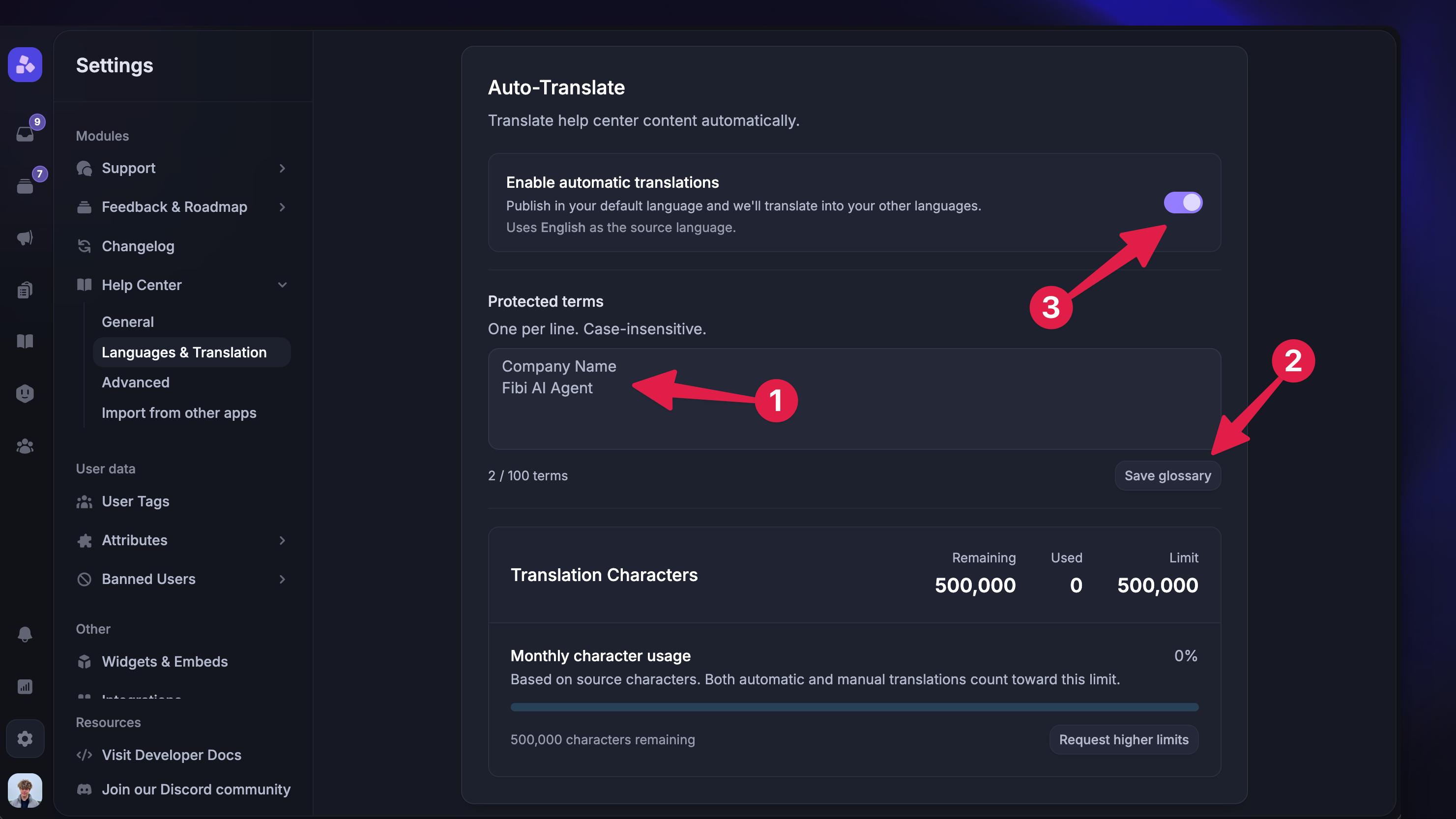 Featurebase auto-translate settings for Help Center content.