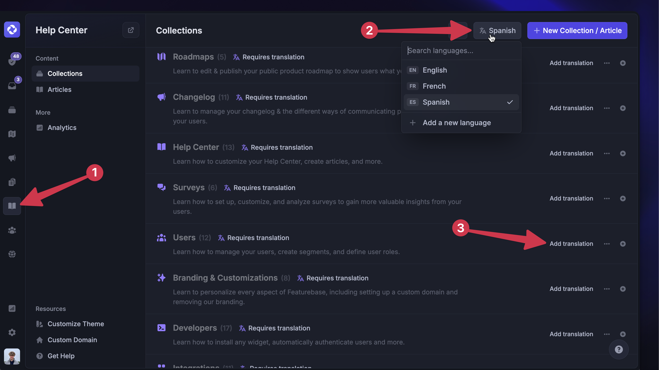 Featurebase Help Center showing article translations.