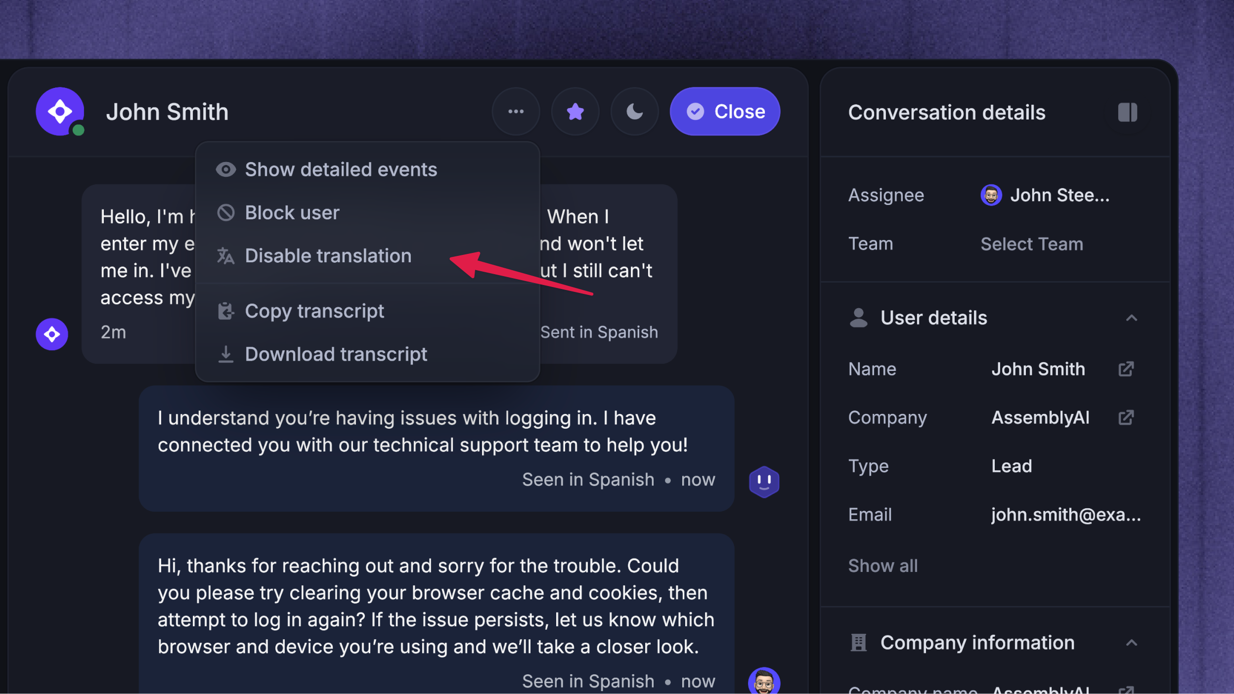 Featurebase inbox showing translation options.