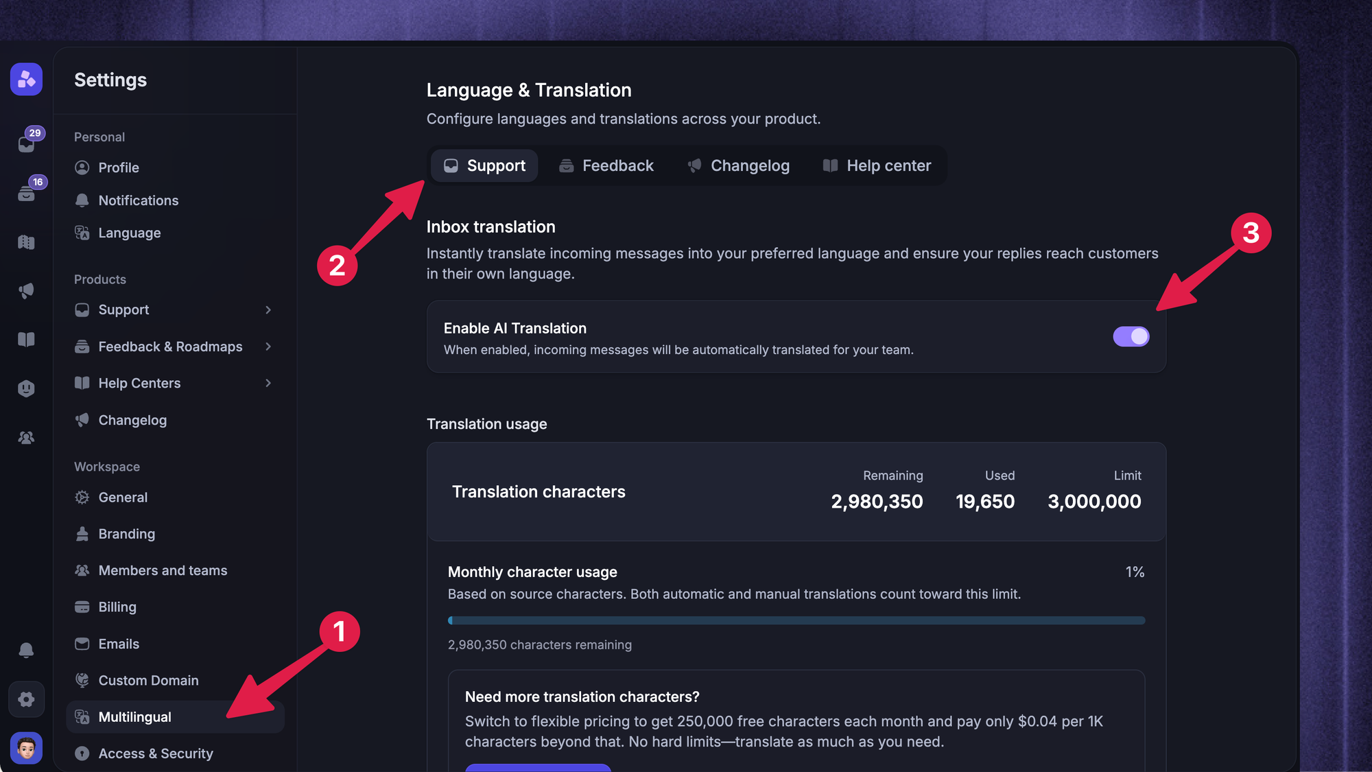 Featurebase settings page for language and translation.