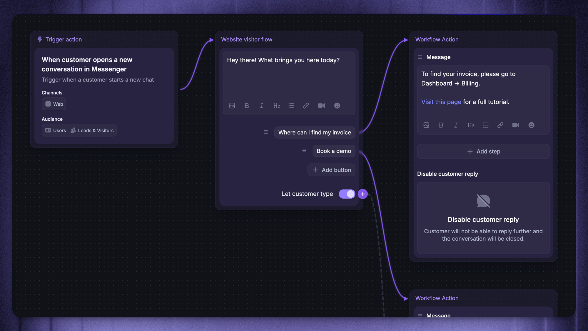 Rule-based chatbot workflow with path options