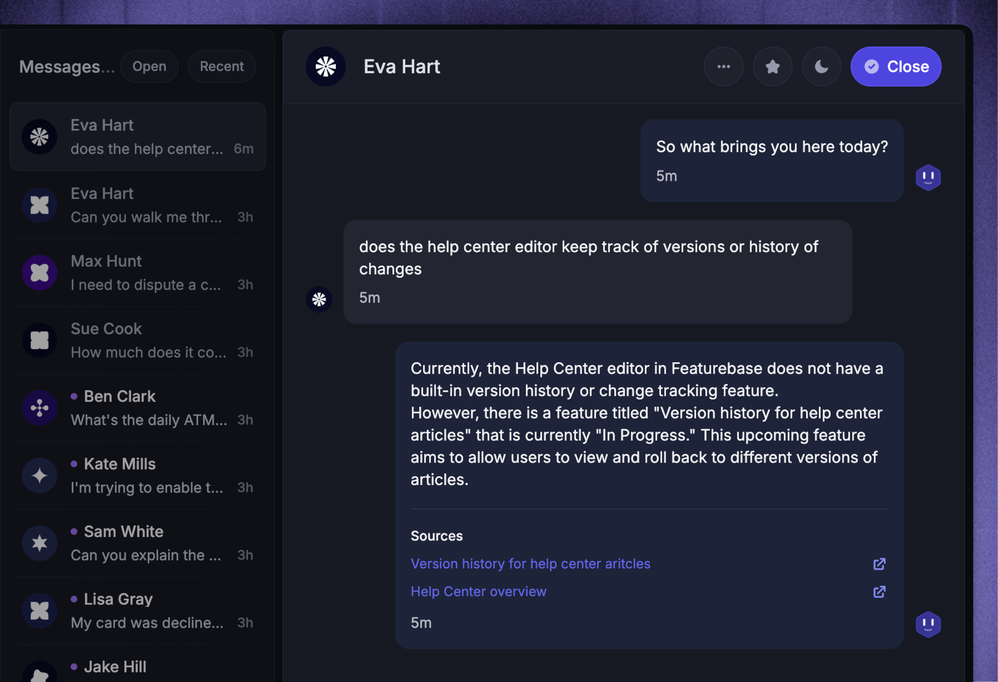 NLP / conversational AI chatbot in Featurebase.