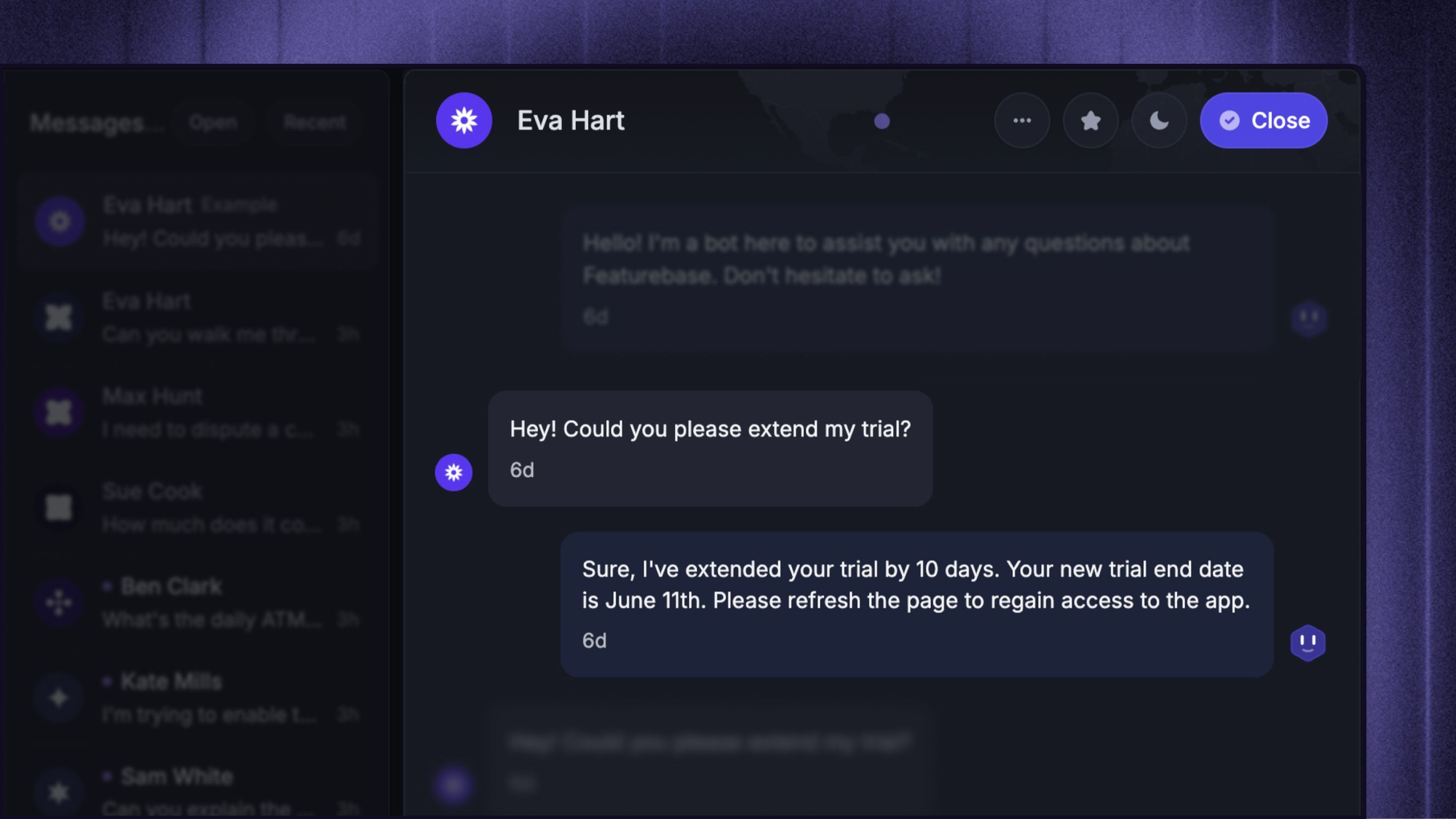 Automatically extending customers trials with Featurebase AI chatbot.