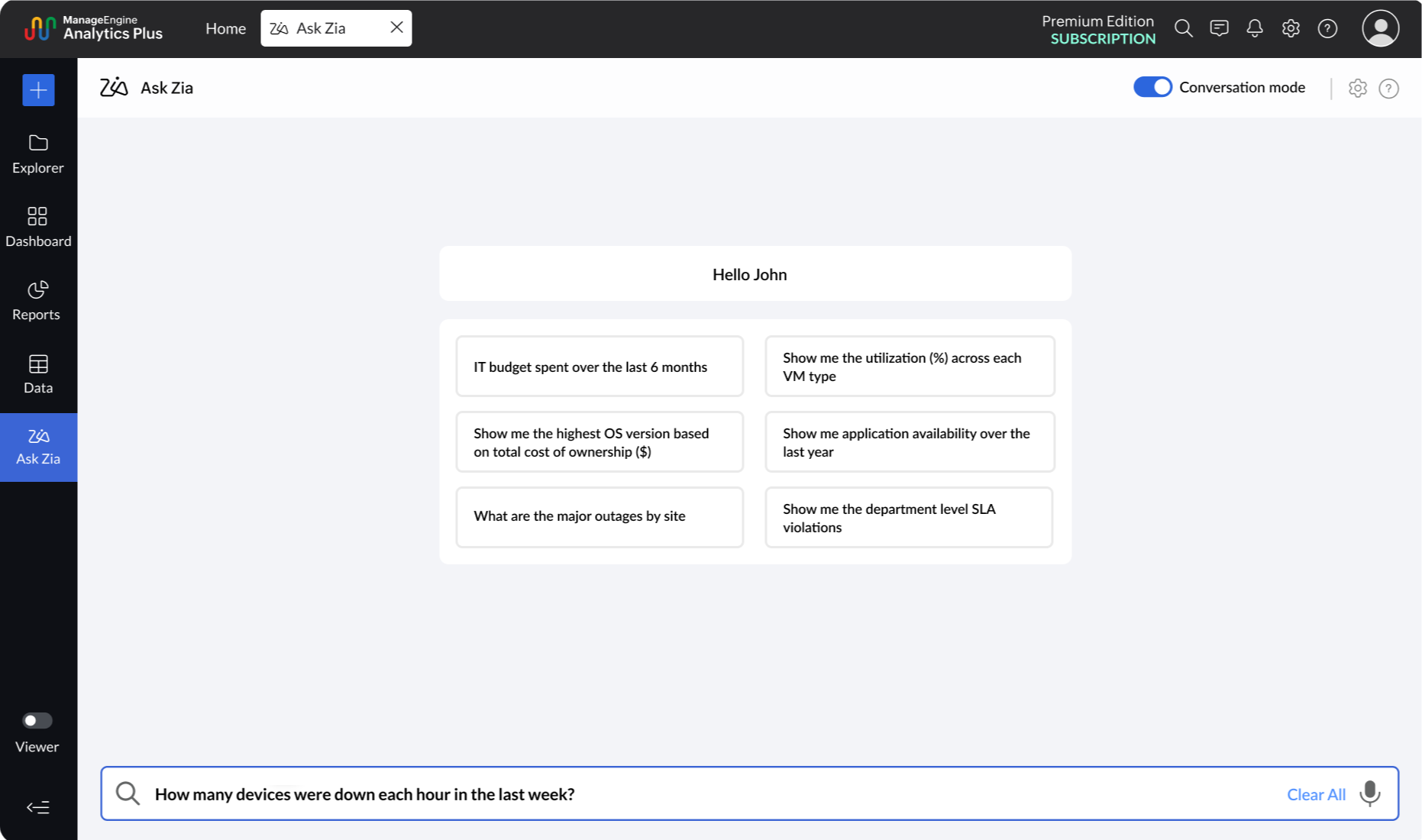 ManageEngine Zia chatbot.