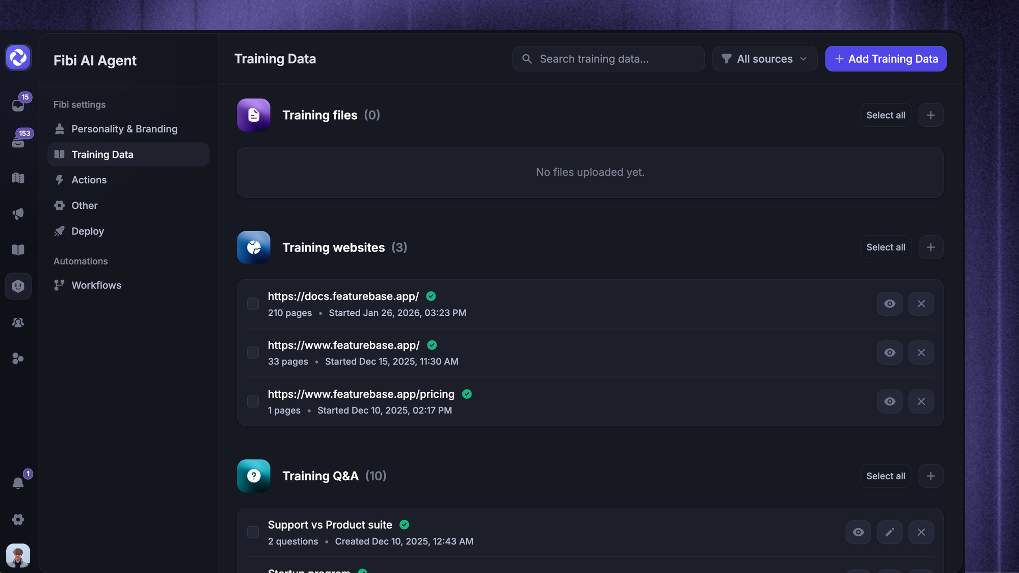 Adding custom training data like websites, custom answers, and help center to your chatbot.