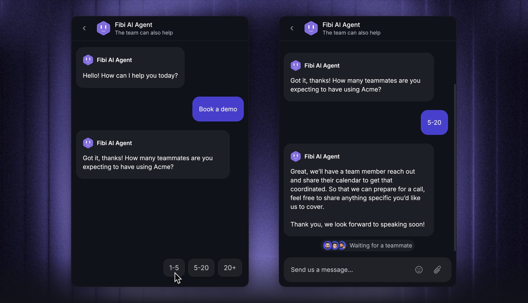Featurebase Fibi AI chatbot booking demos with qualified leads.