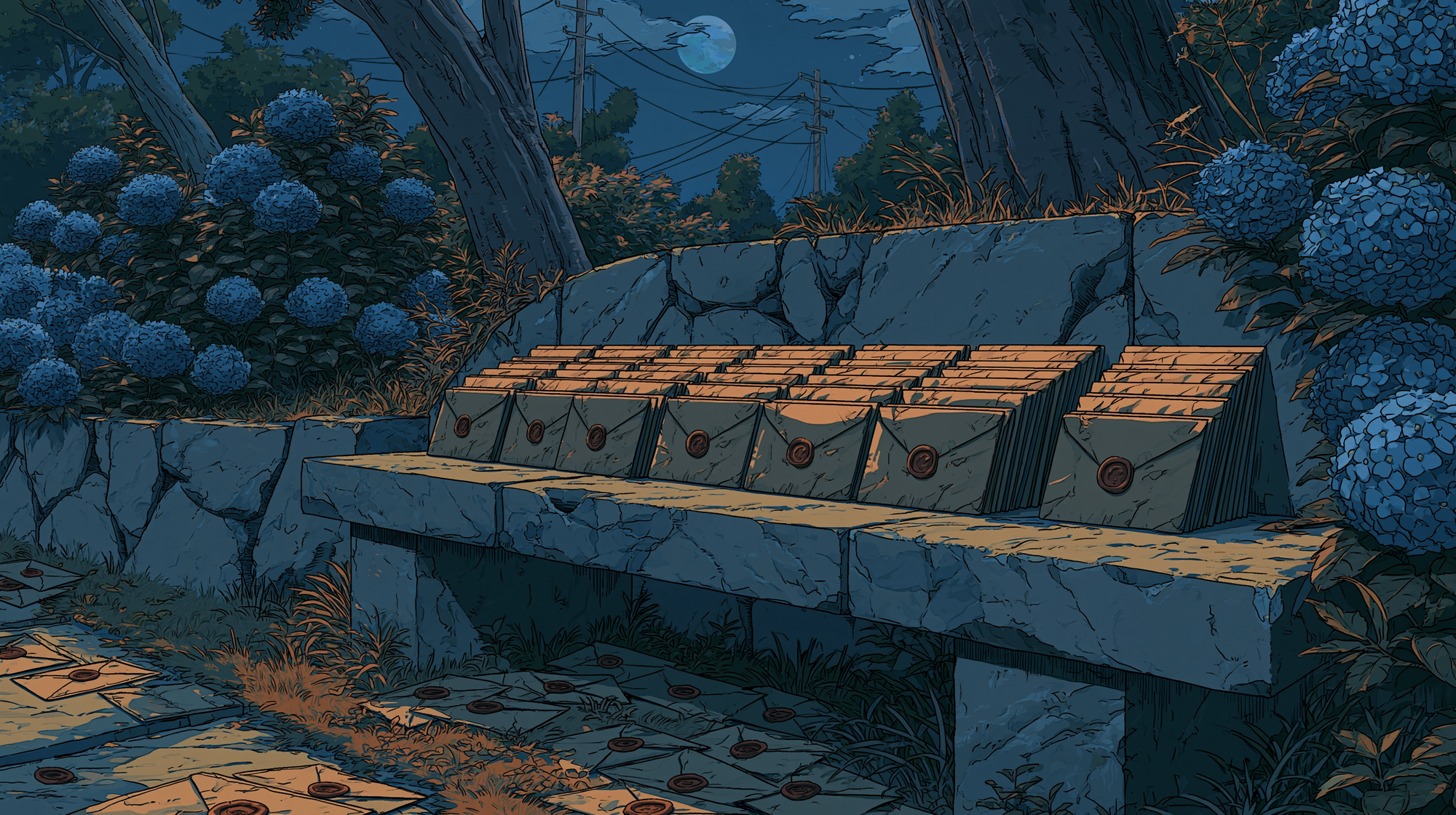 Illustration of organized paper reports filed in outdoor folders along a moonlit garden path.