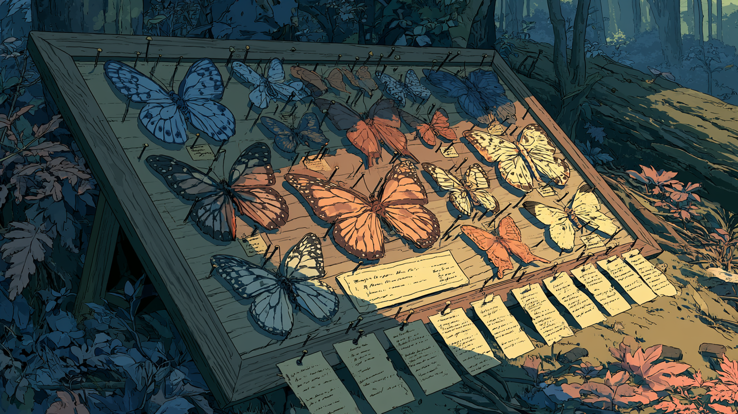 Illustration of a butterfly specimen display case with labeled notes in a forest setting.